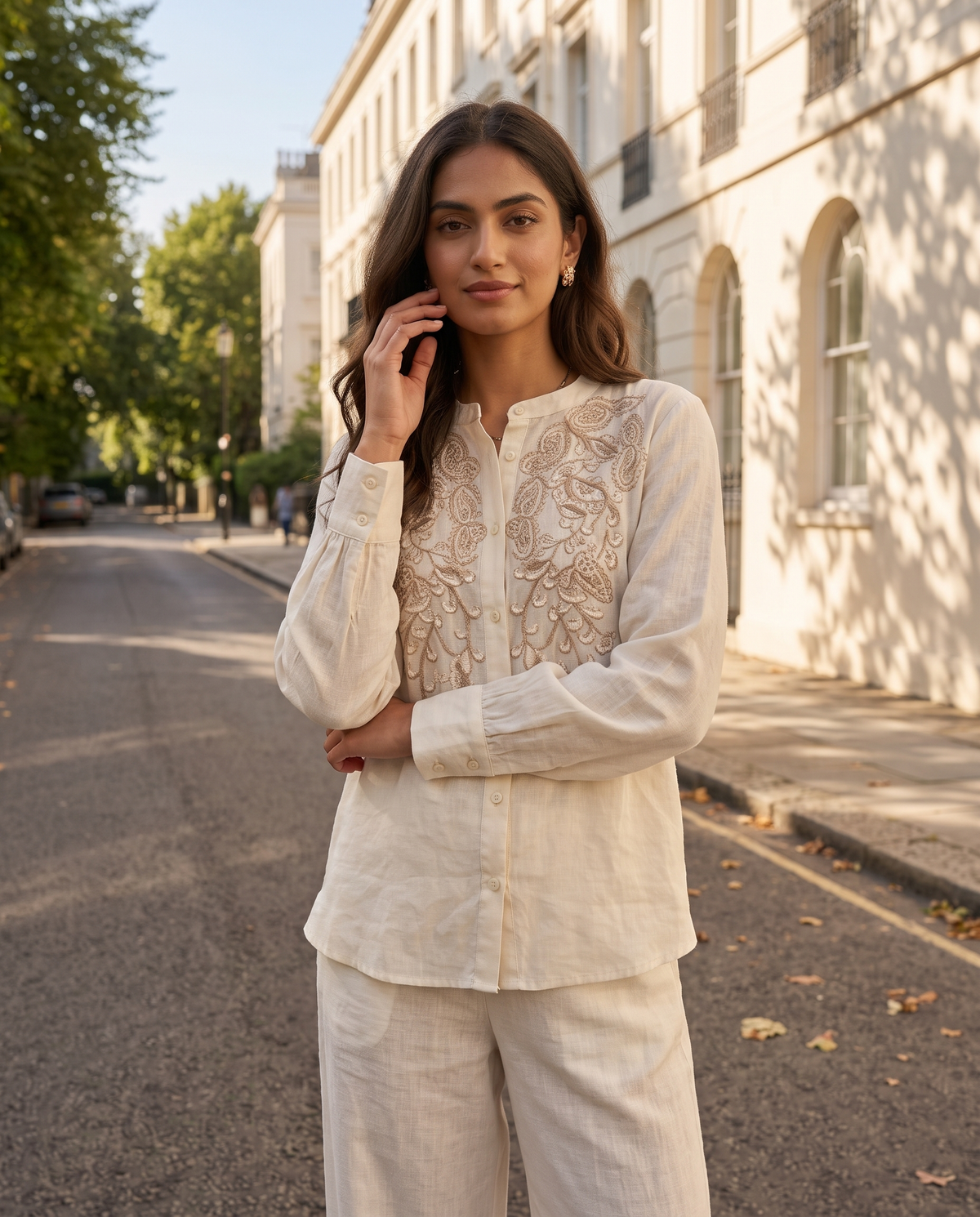 Ivory Paisley Embroidered European Linen Top - Ivory