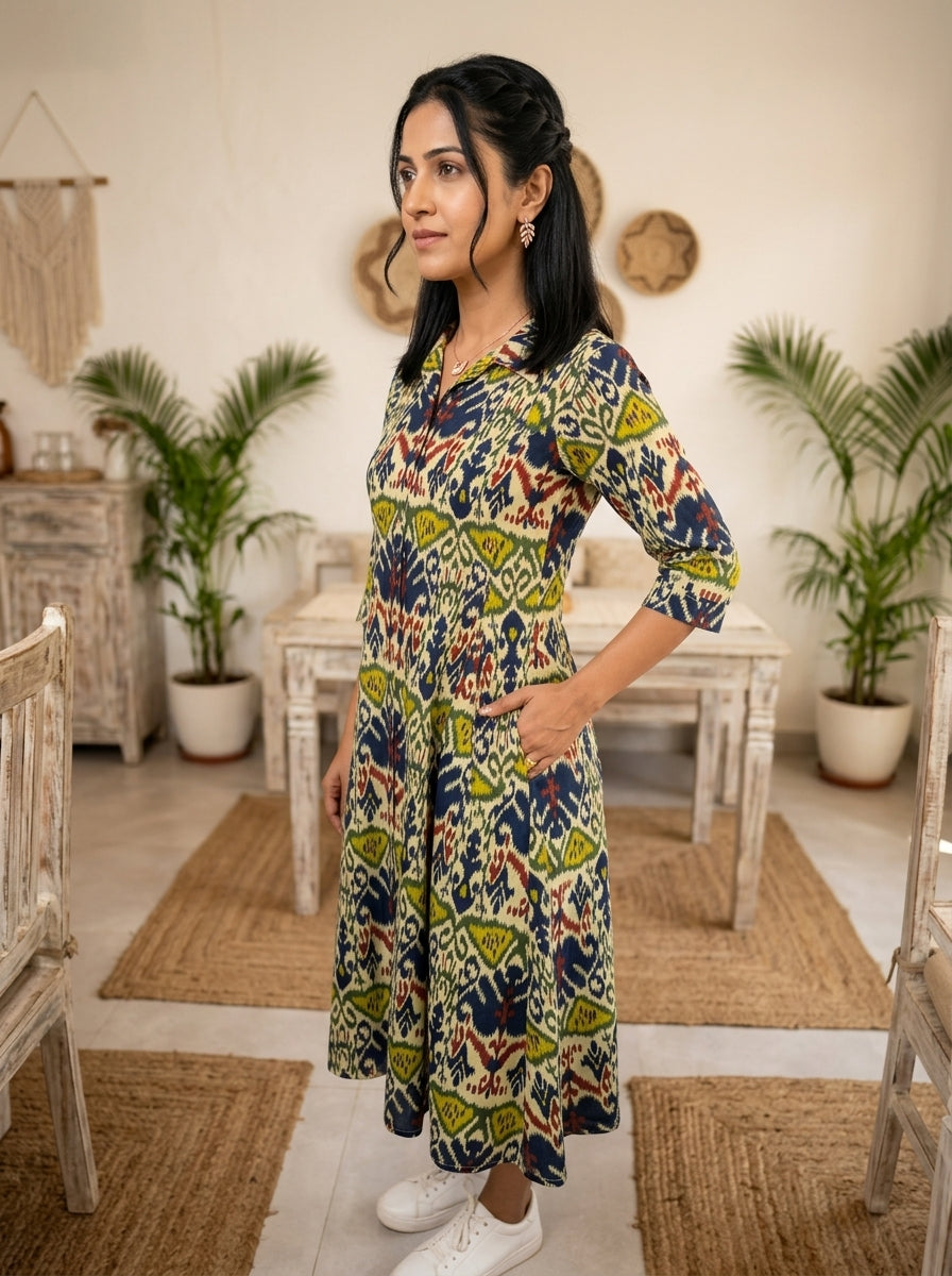 IKKAT BLUE/GREEN COTTON DRESS