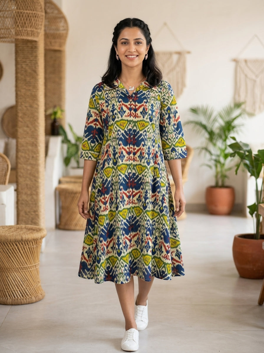 IKKAT BLUE/GREEN COTTON DRESS