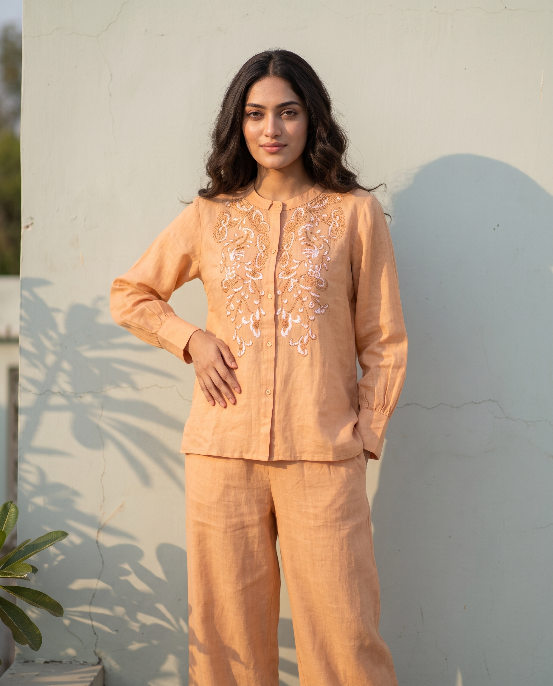 Ornate Paisley Embroidered European Linen Top - Peach Orange