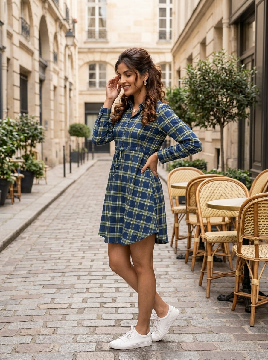 SCOTTISH CHECK BLUE+GREEN COTTON DRESS