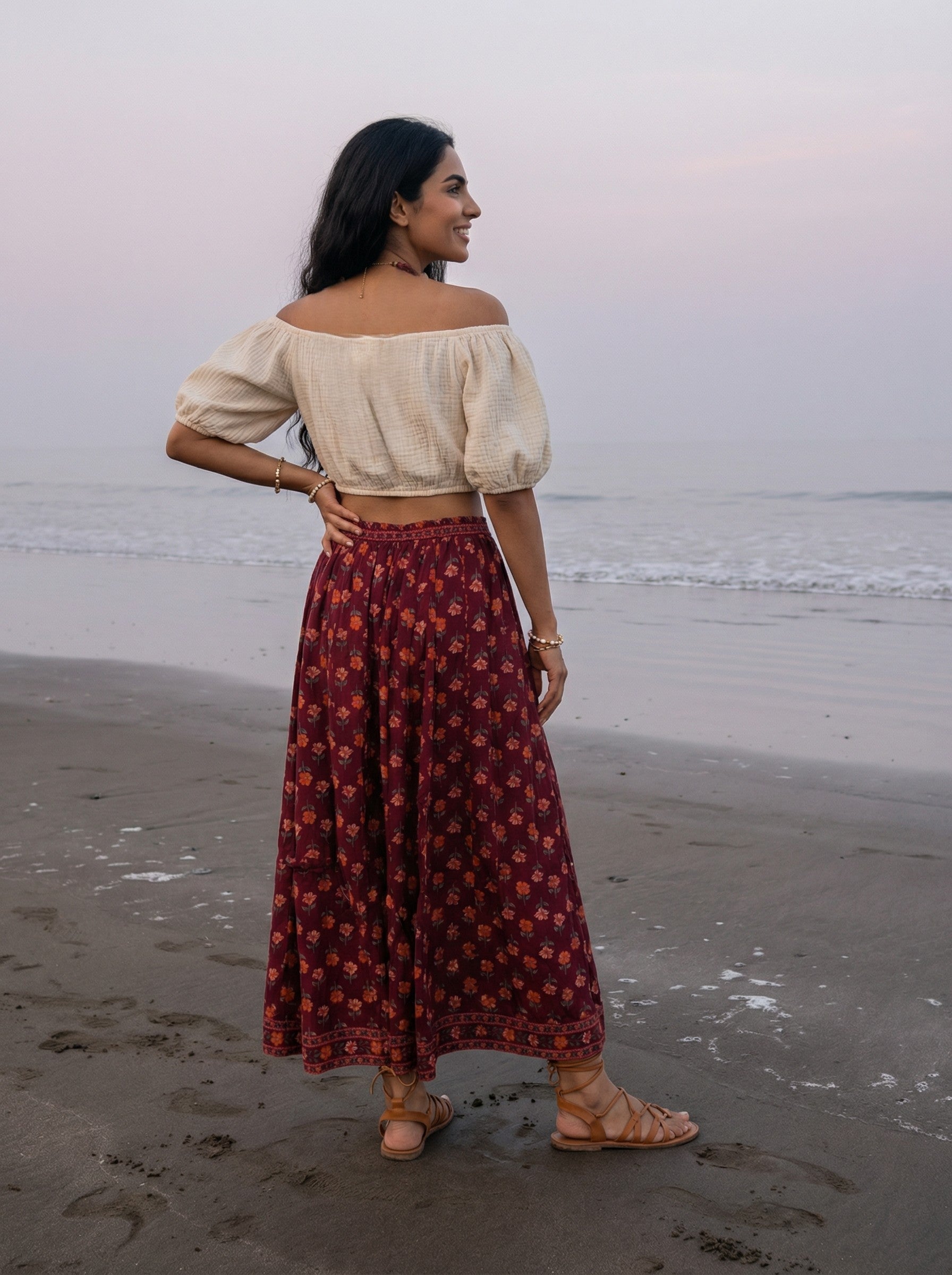 Handprinted Cotton Maxi Wine Skirt