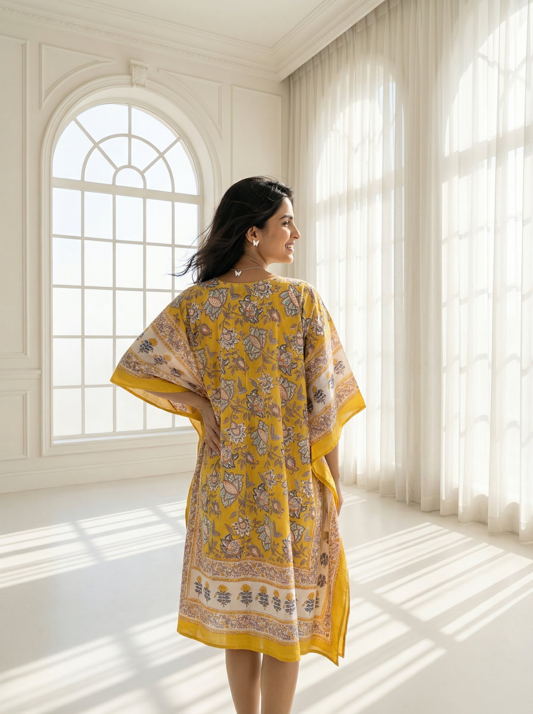 Yellow Mul Cotton Short Kaftan