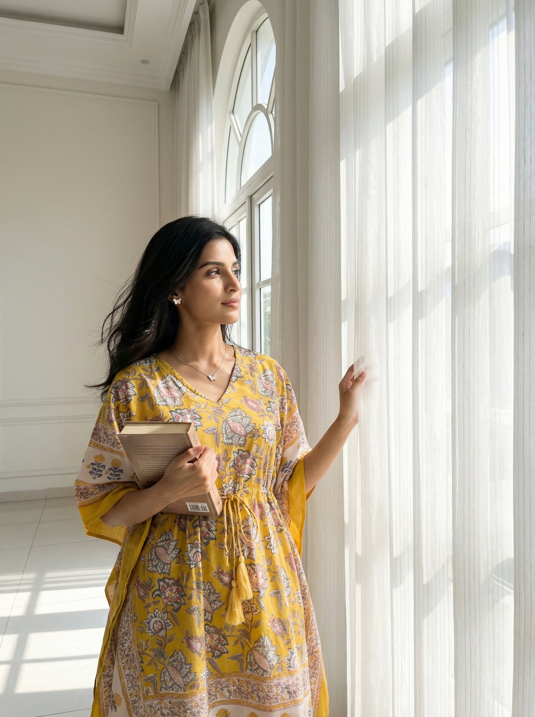 Yellow Mul Cotton Short Kaftan
