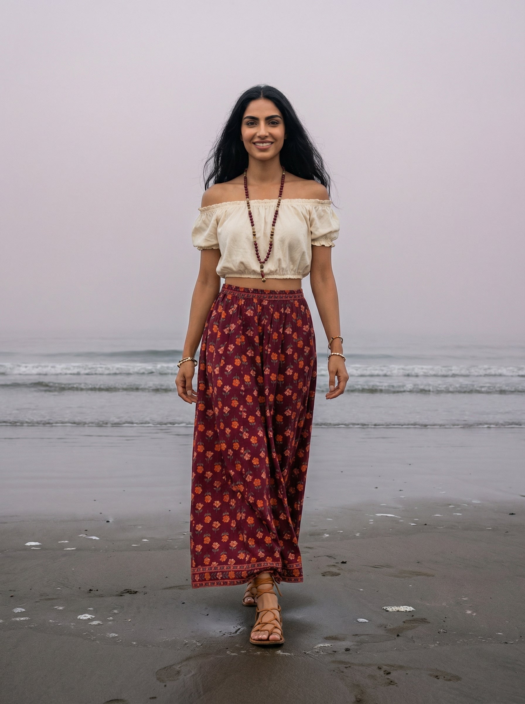 Handprinted Cotton Maxi Wine Skirt