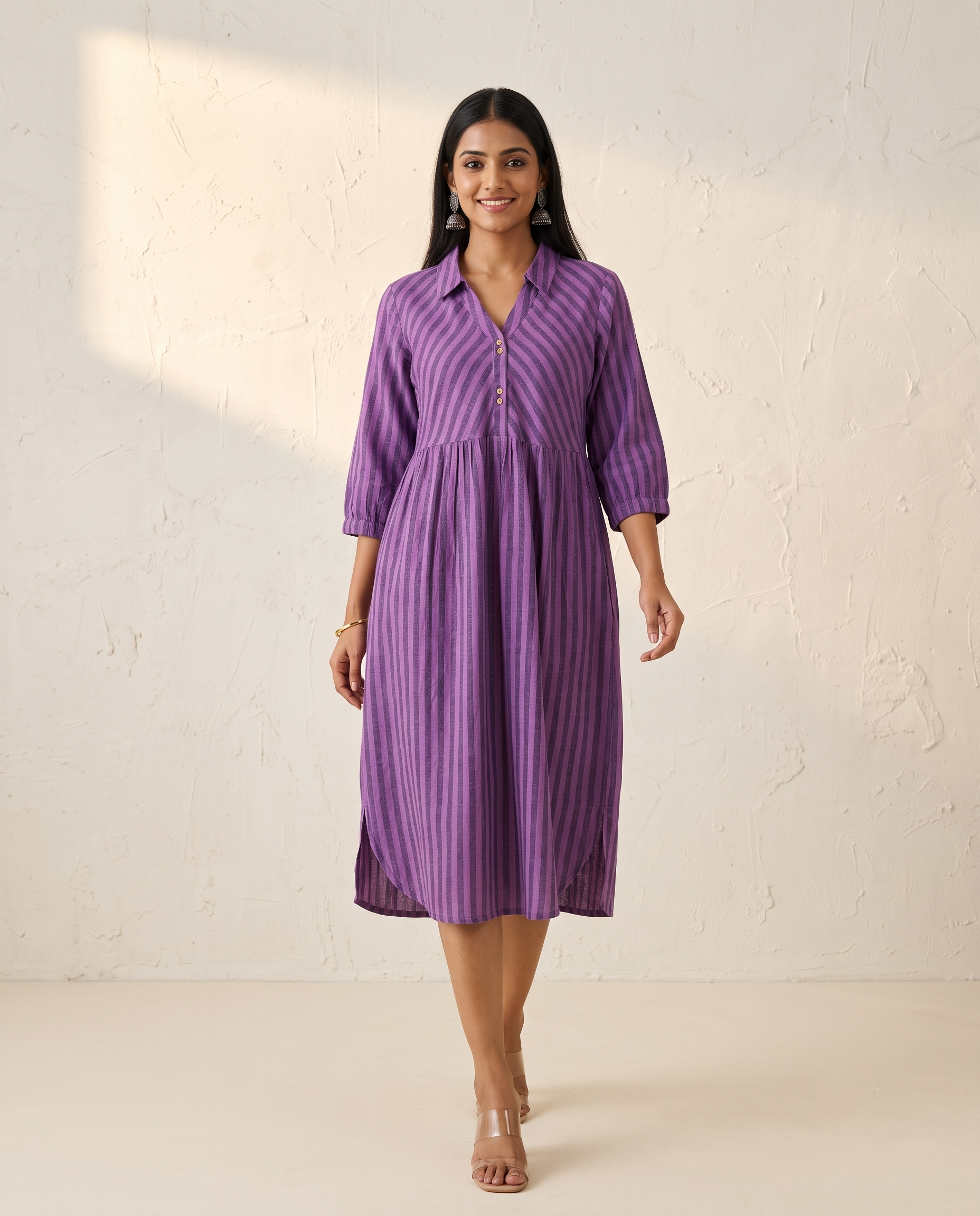 PREMIUM COTTON LINEN PURPLE CASUAL DRESS