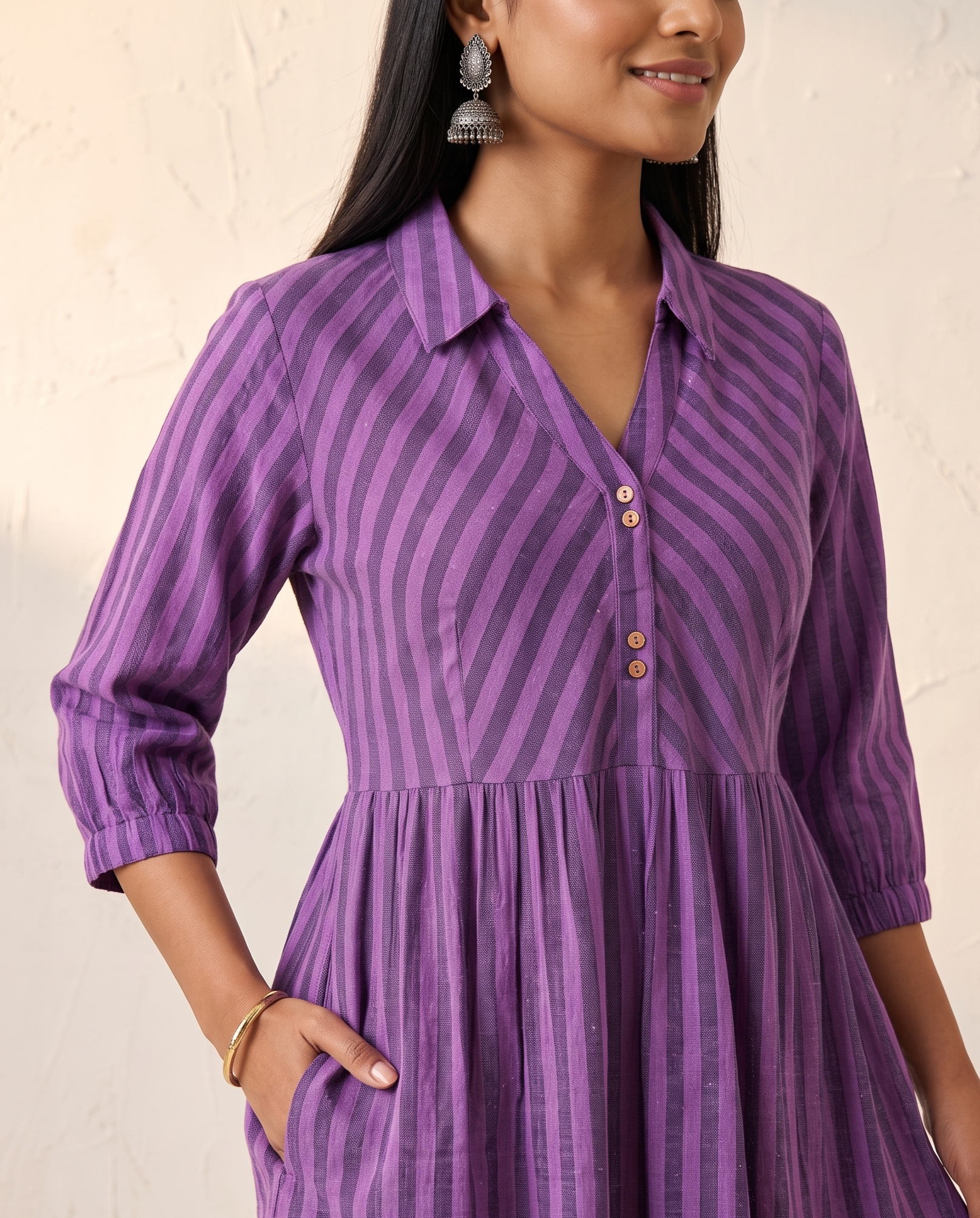 PREMIUM COTTON LINEN PURPLE CASUAL DRESS