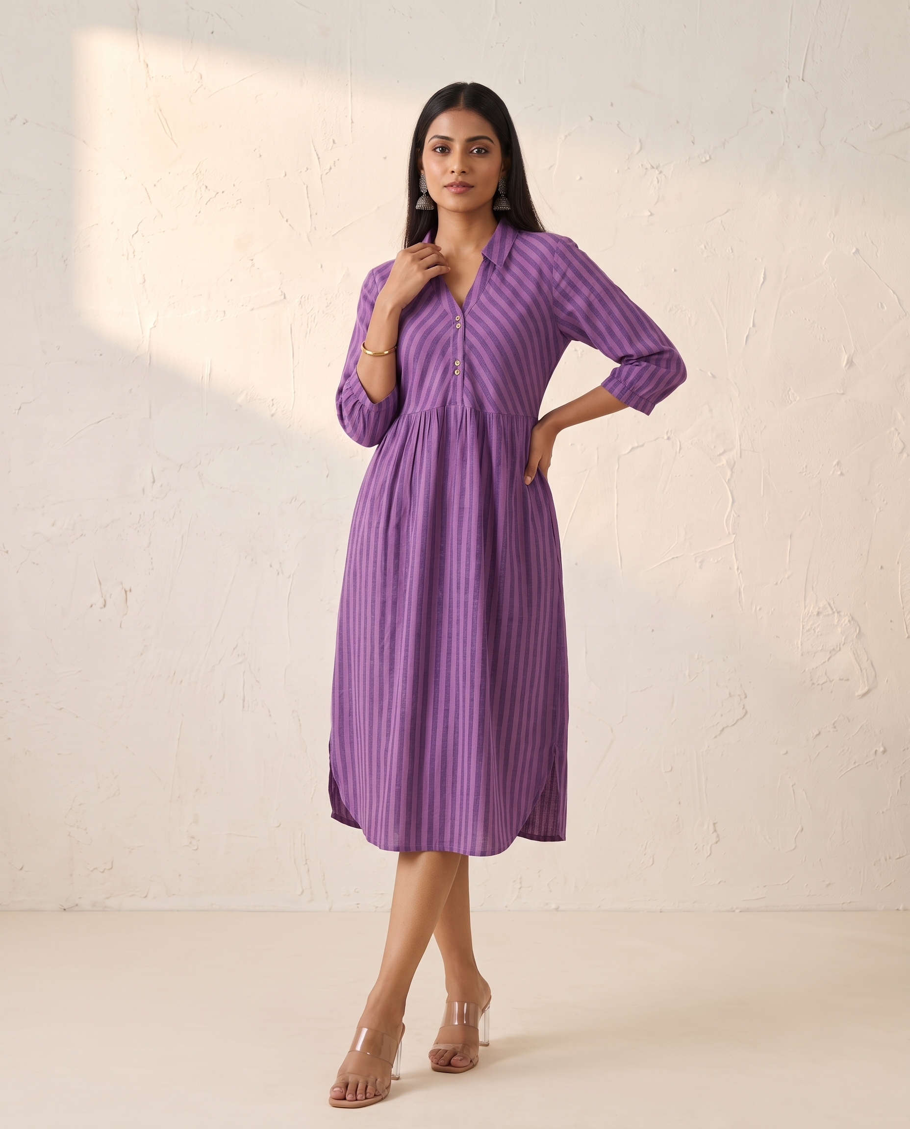 PREMIUM COTTON LINEN PURPLE CASUAL DRESS