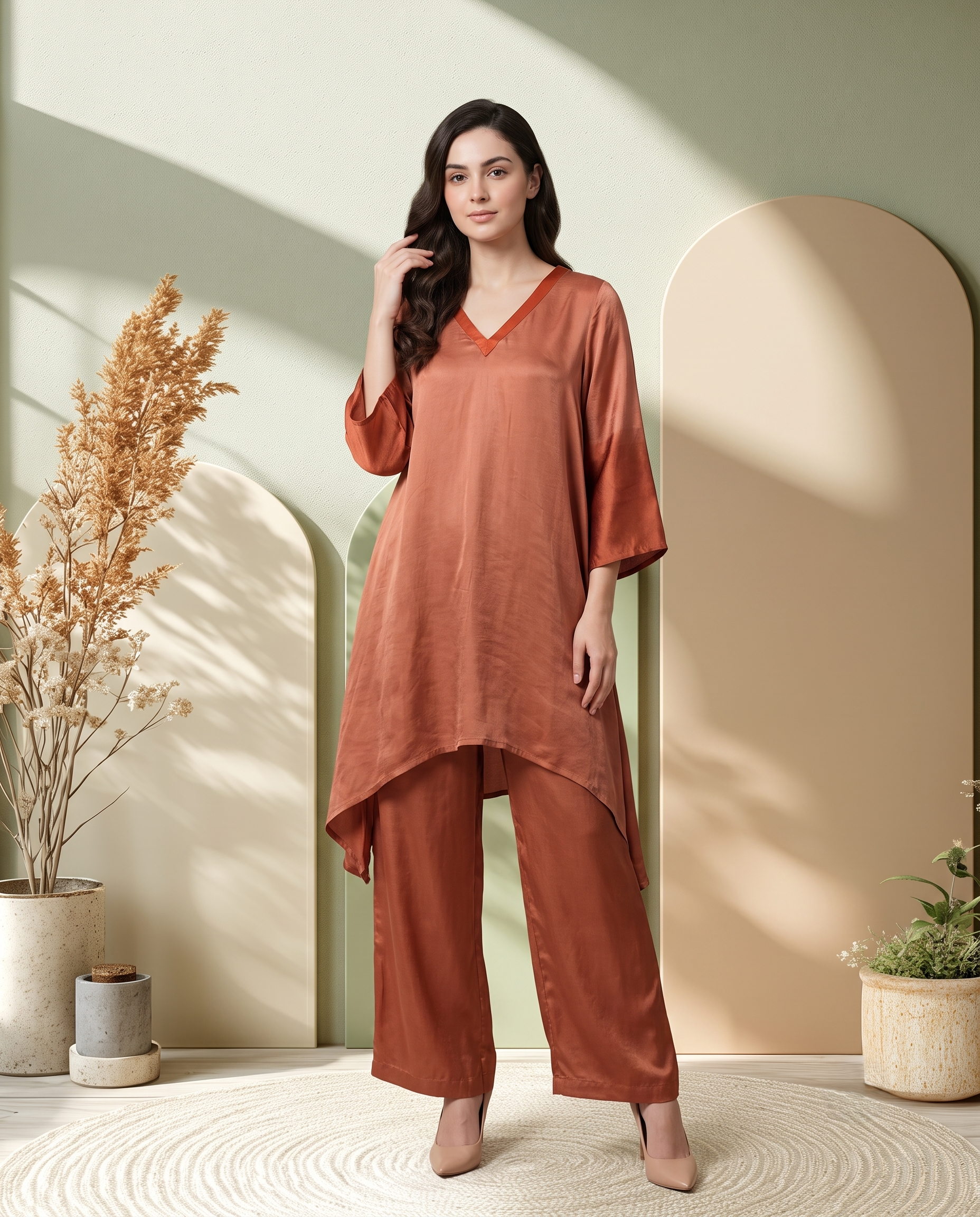 RUSSET BROWN OMBRE LUXE MODAL SILK SHORT KURTA