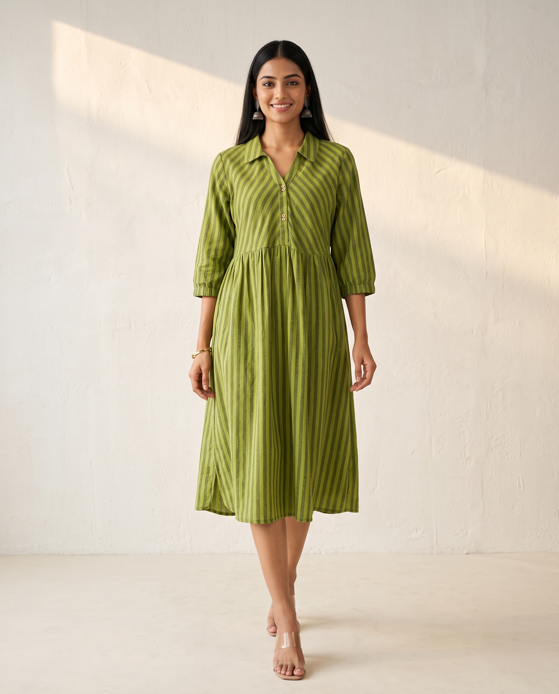 PREMIUM COTTON LINEN GREEN CASUAL DRESS