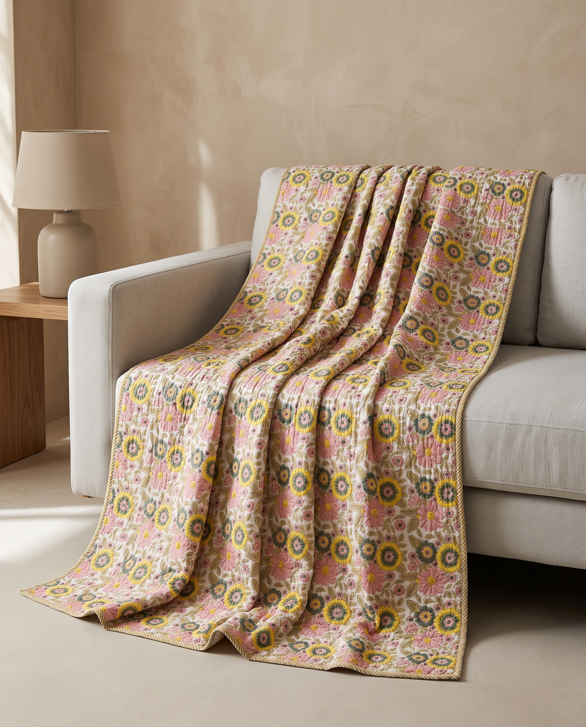 Gulbahar Ivory Floral Hand Block Cotton Dohar