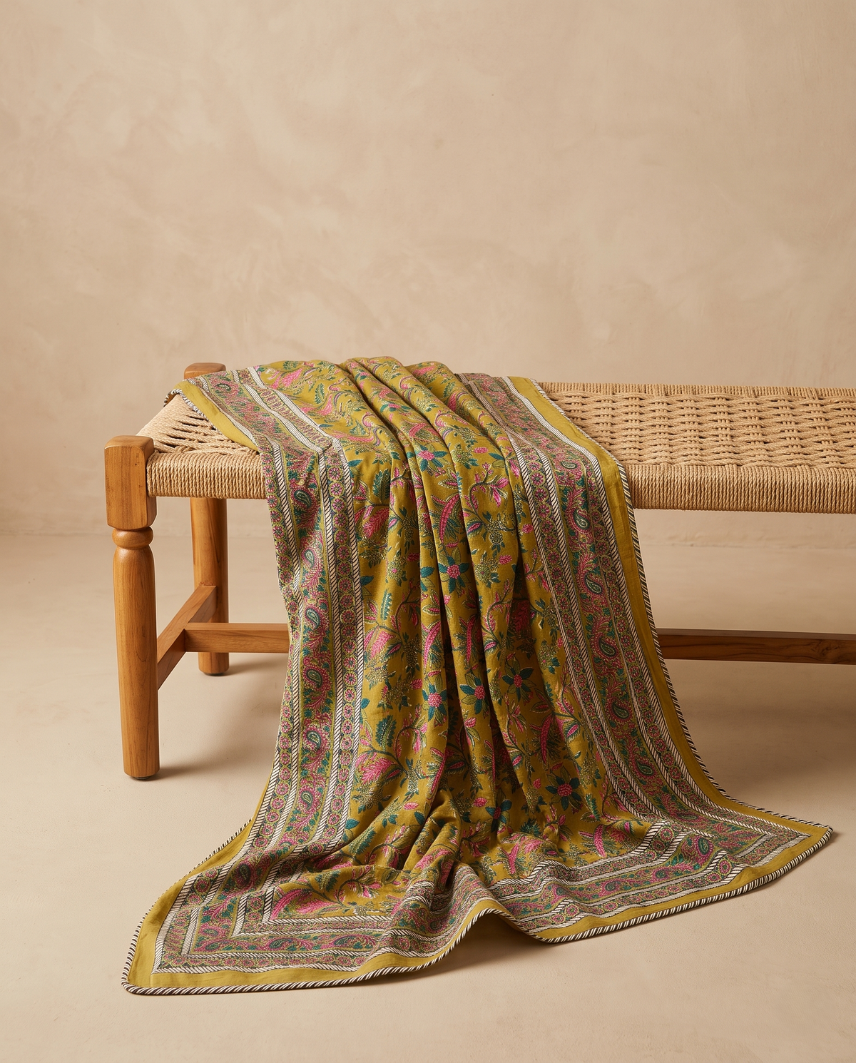 The Mustard Paisley Garden Handblock Reversible Dohar