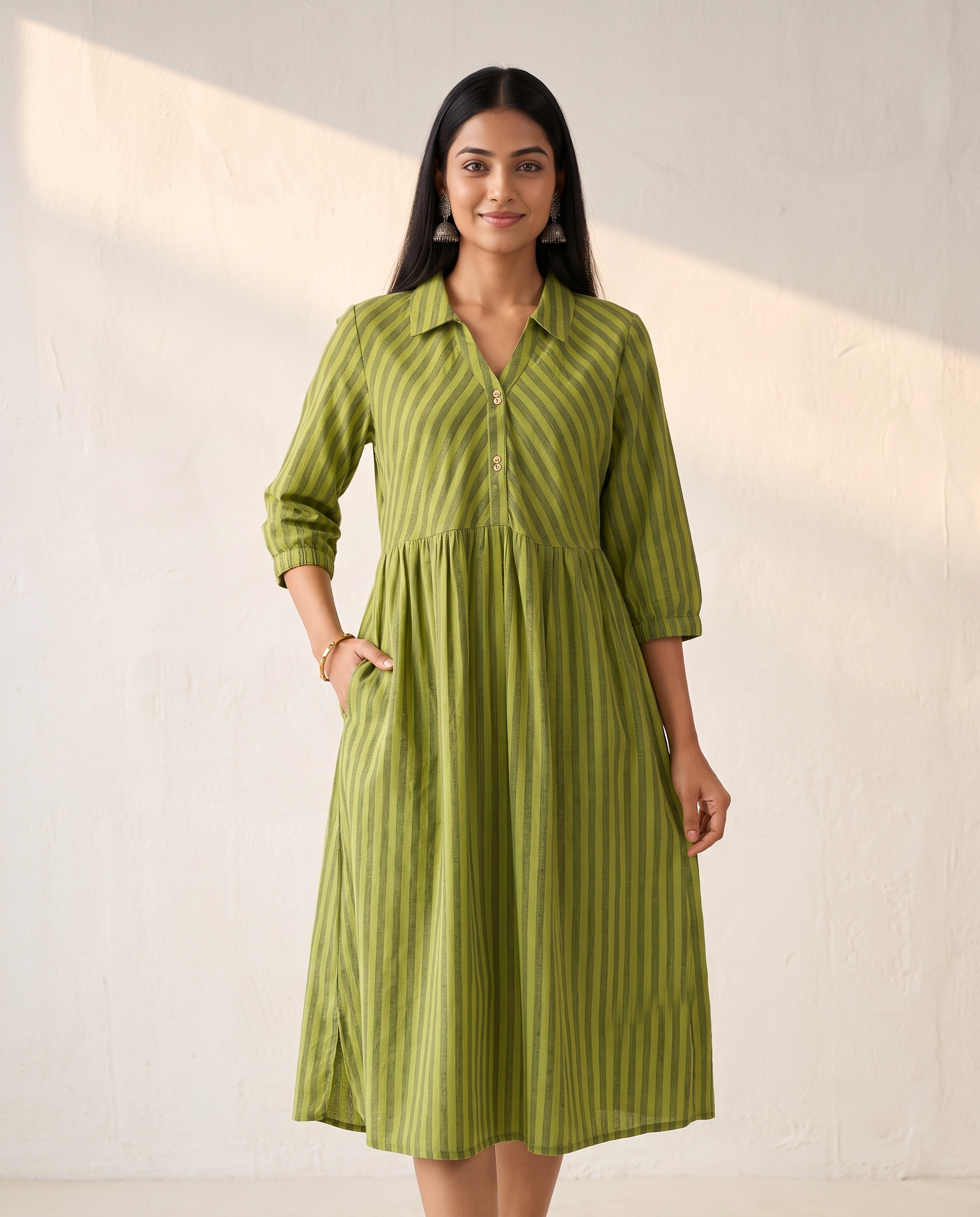 PREMIUM COTTON LINEN GREEN CASUAL DRESS
