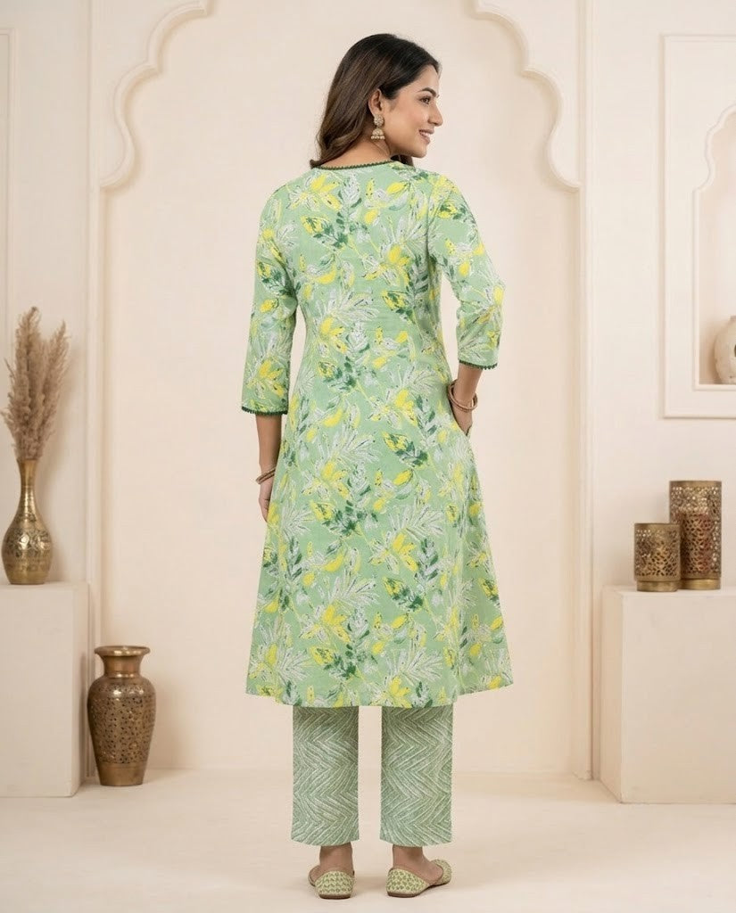 FLORAL LIGHT GREEN DESIGN PREMIUM COTTON KURTA PANT SET