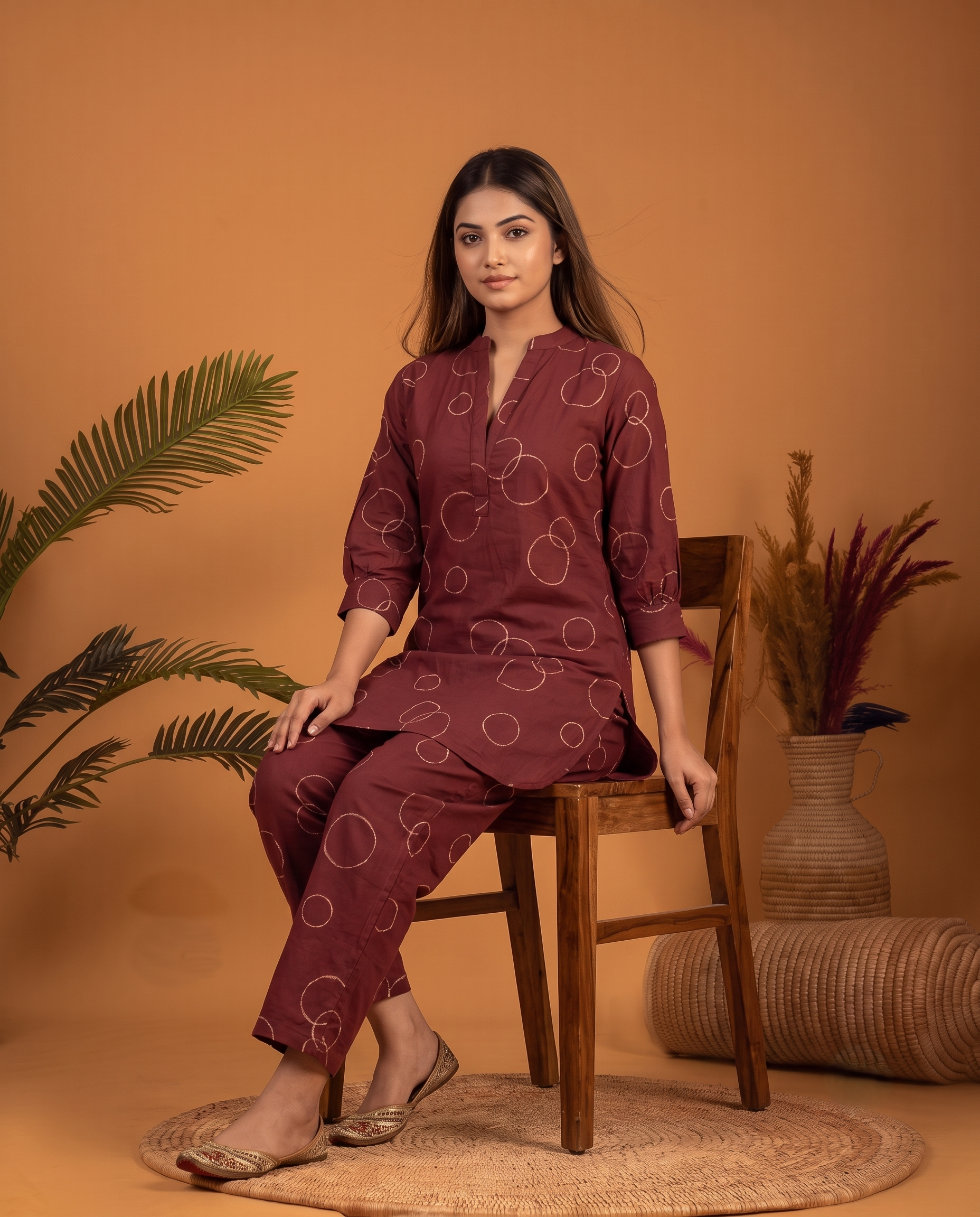 MAROON BUBBLE PRINT ETHNIC FARSI SET