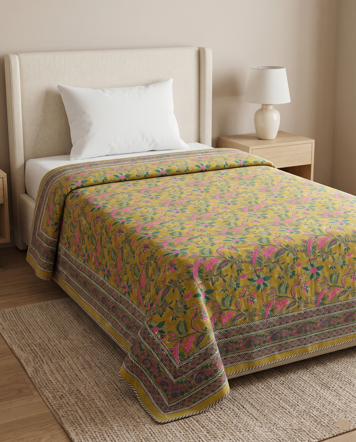 The Mustard Paisley Garden Handblock Reversible Dohar