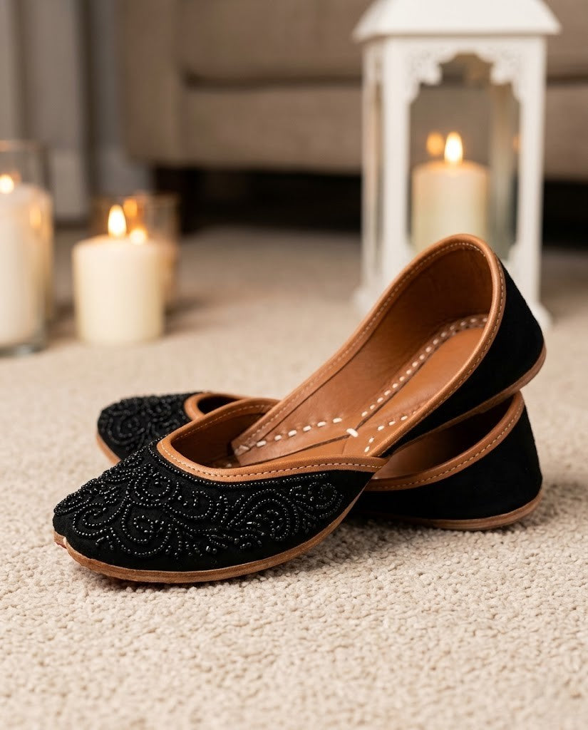 LUXURY BLACK EMBELLISHED PURE LEATHER HANDCRAFTED JUTTI
