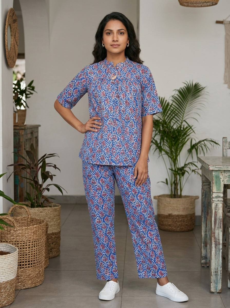 BOONDA-BUTTON BLUE PREMIUM COTTON CORDSET(HANDBLOCK)