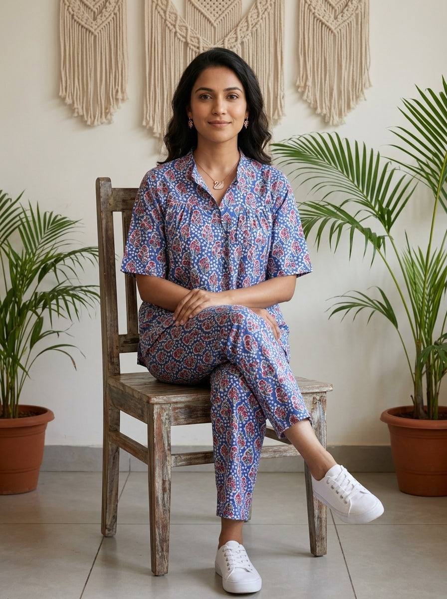 BOONDA-BUTTON BLUE PREMIUM COTTON CORDSET(HANDBLOCK)