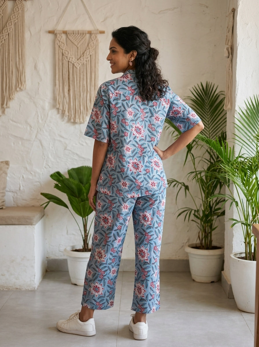 BOONDA-BUTTON GREYISH BLUE PREMIUM COTTON CORDSET(HANDBLOCK)