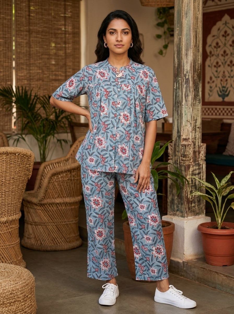 BOONDA-BUTTON GREYISH BLUE PREMIUM COTTON CORDSET(HANDBLOCK)