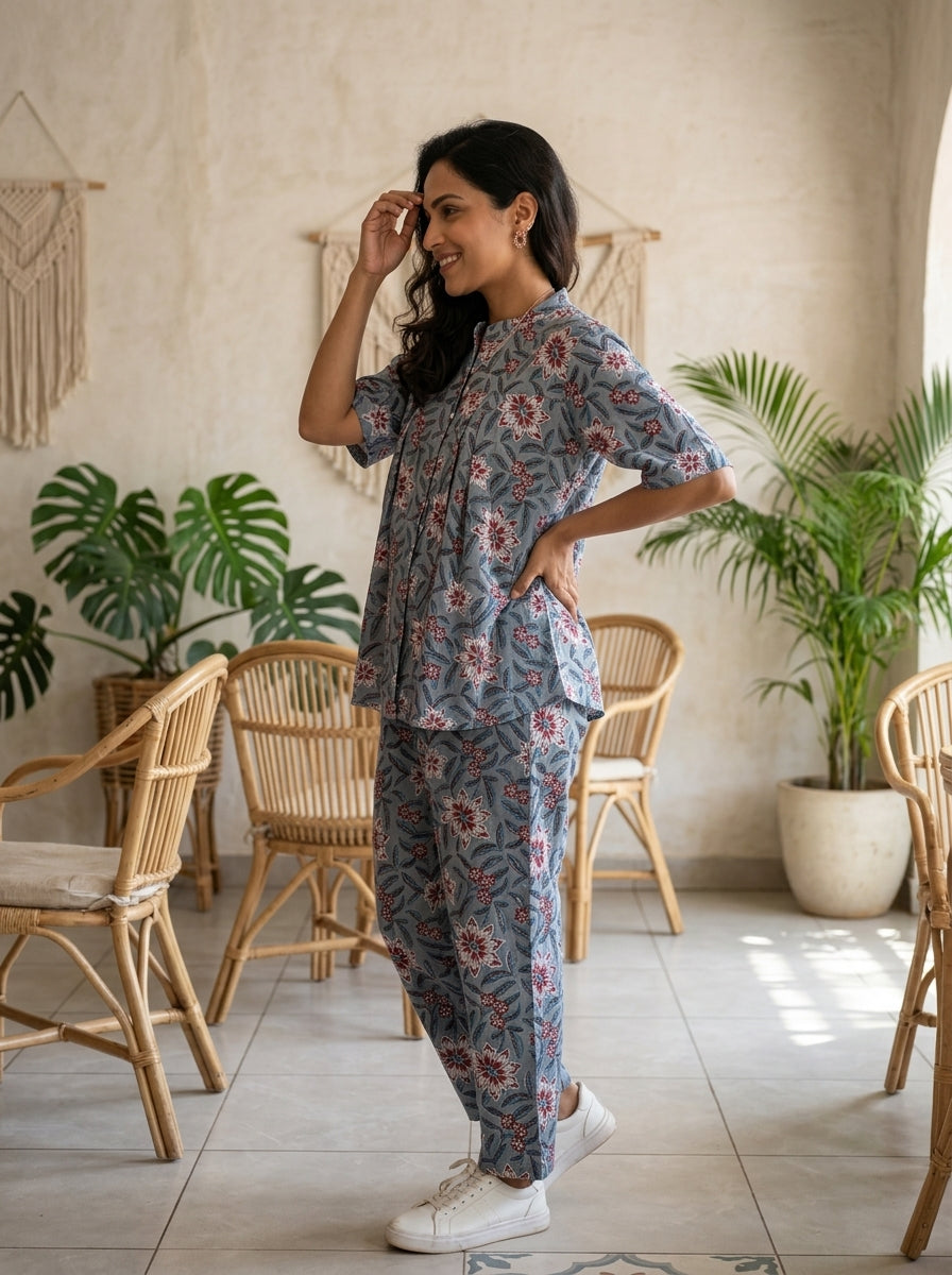 BOONDA-BUTTON GREYISH BLUE PREMIUM COTTON CORDSET(HANDBLOCK)