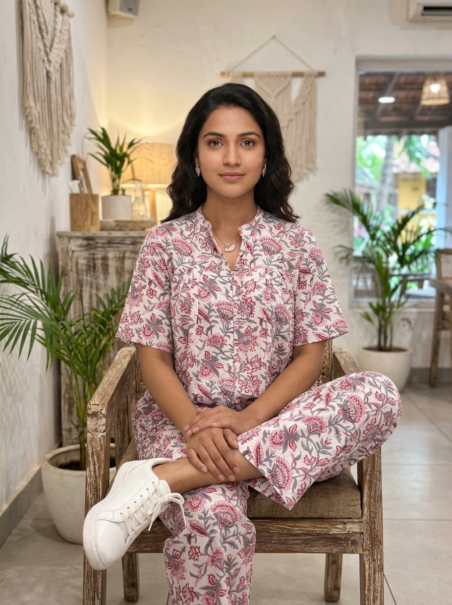 BOONDA-BUTTON WHITE PREMIUM COTTON CORDSET(HANDBLOCK)