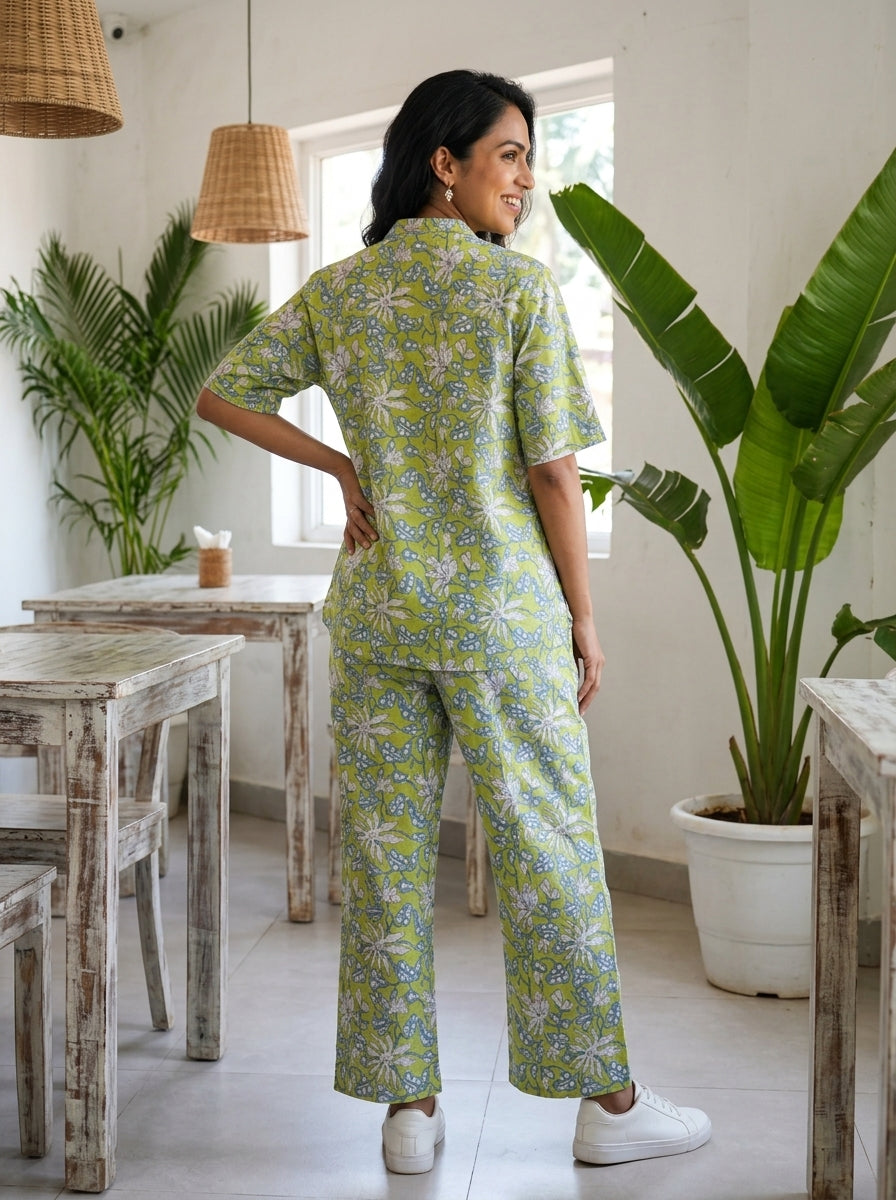 BOONDA-BUTTON GREEN PREMIUM COTTON CORDSET(HANDBLOCK)