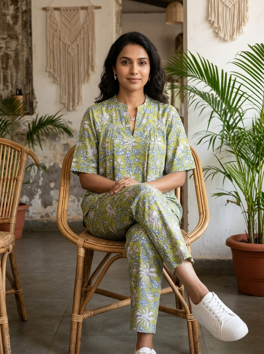 BOONDA-BUTTON GREEN PREMIUM COTTON CORDSET(HANDBLOCK)