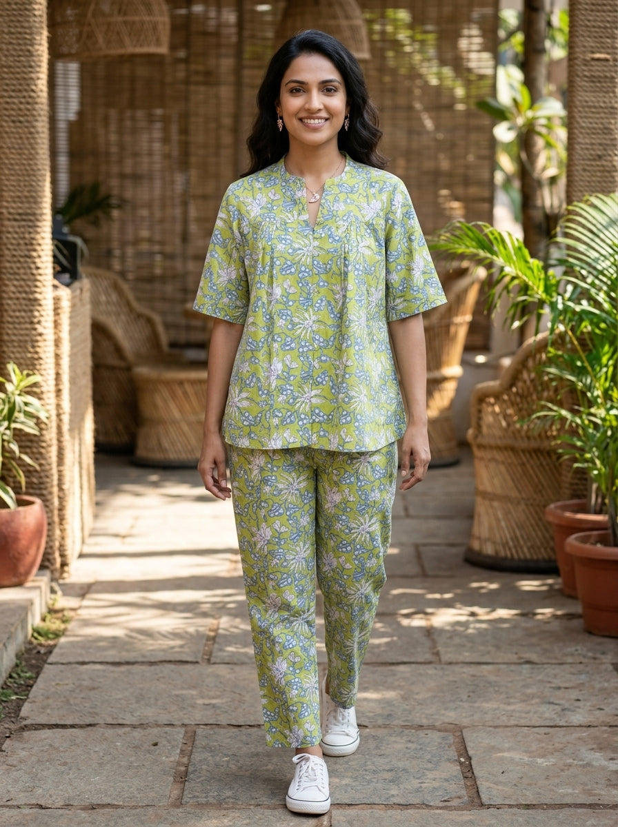 BOONDA-BUTTON GREEN PREMIUM COTTON CORDSET(HANDBLOCK)