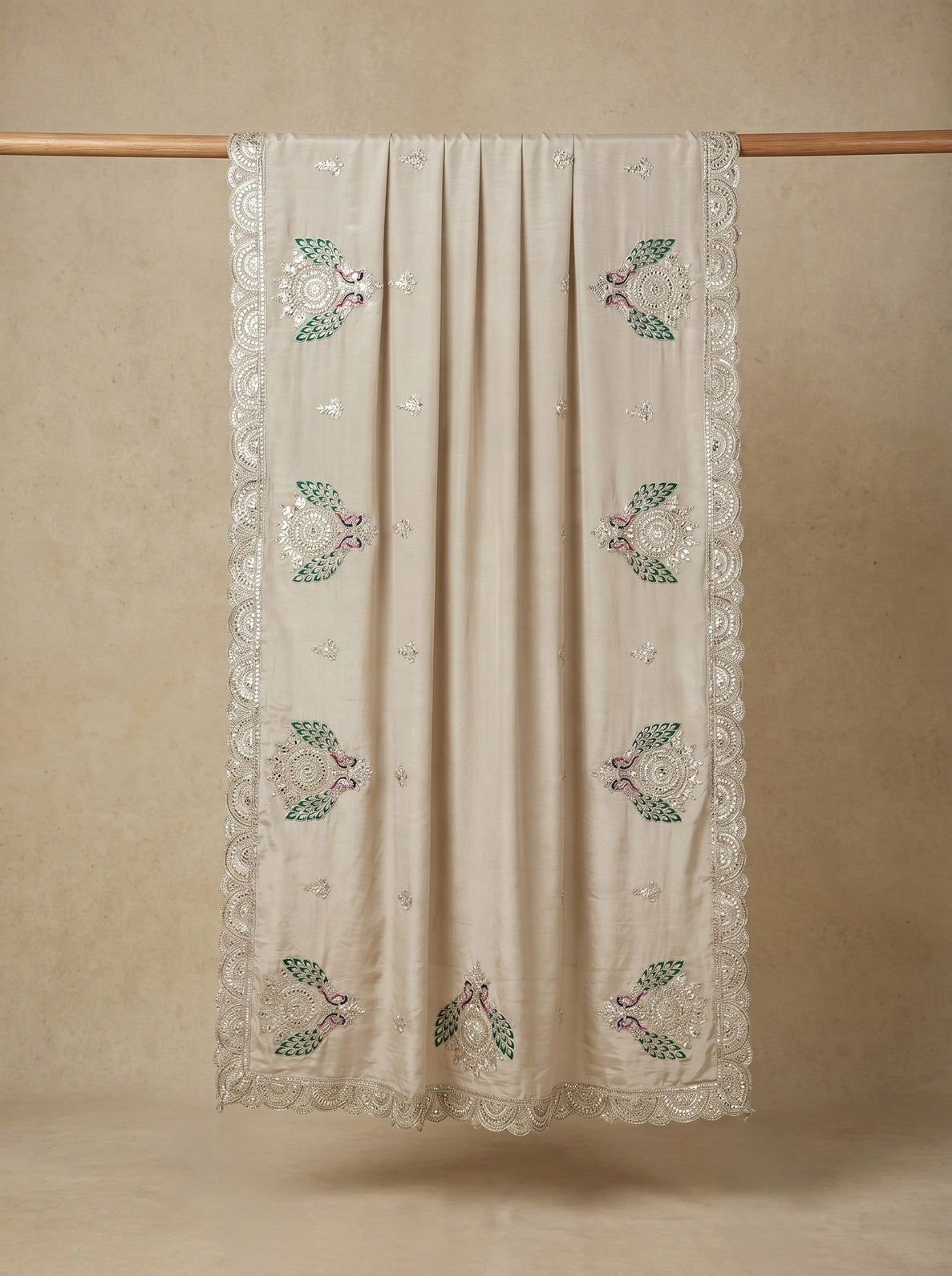MAYUR HAND-EMBROIDERED TISSUE SILK DUPATTA WITH GOTA & SEQUIN BORDER