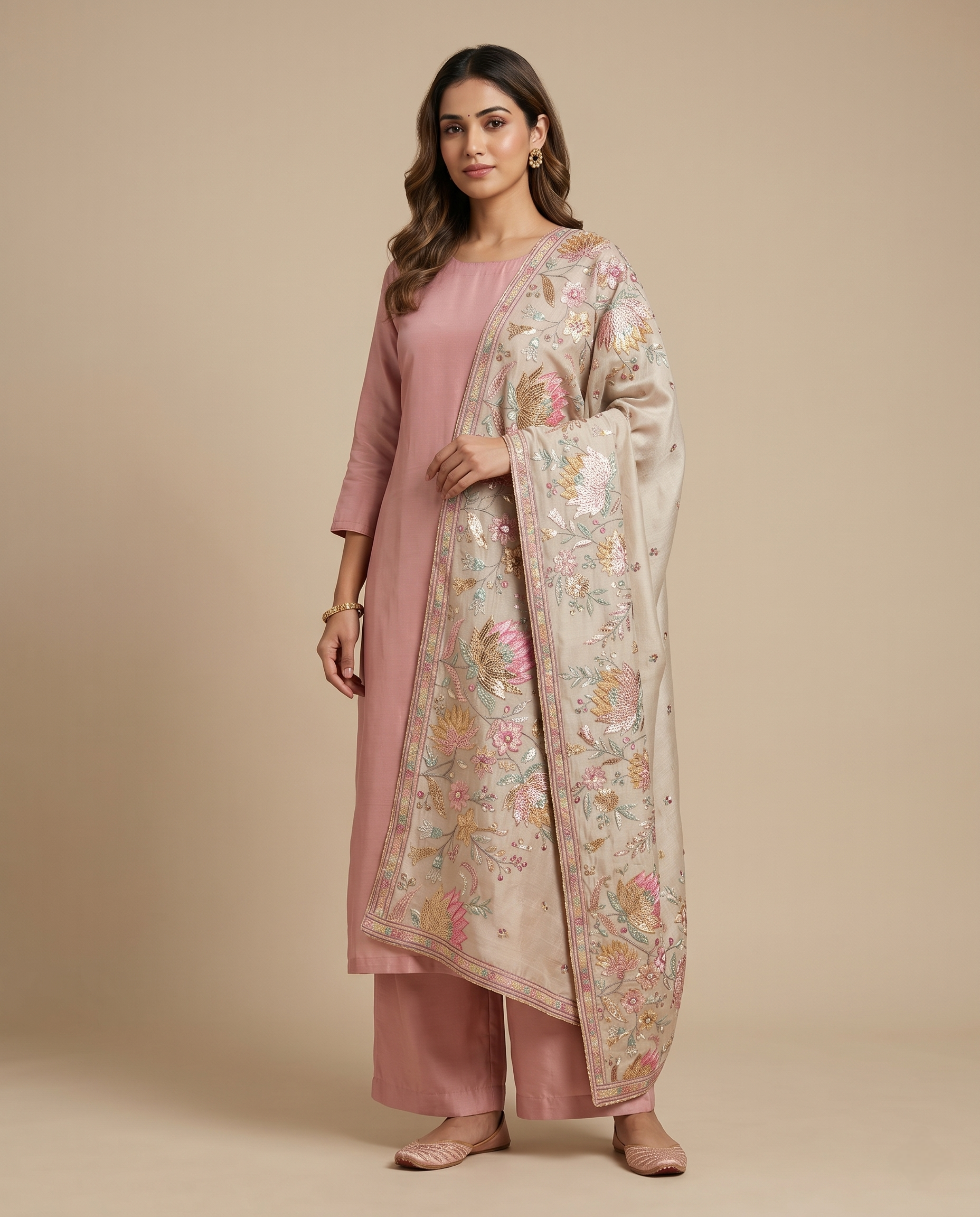 INTTRICATE BOTANICAL EMBROIDERED TISSUE SILK DUPATTA