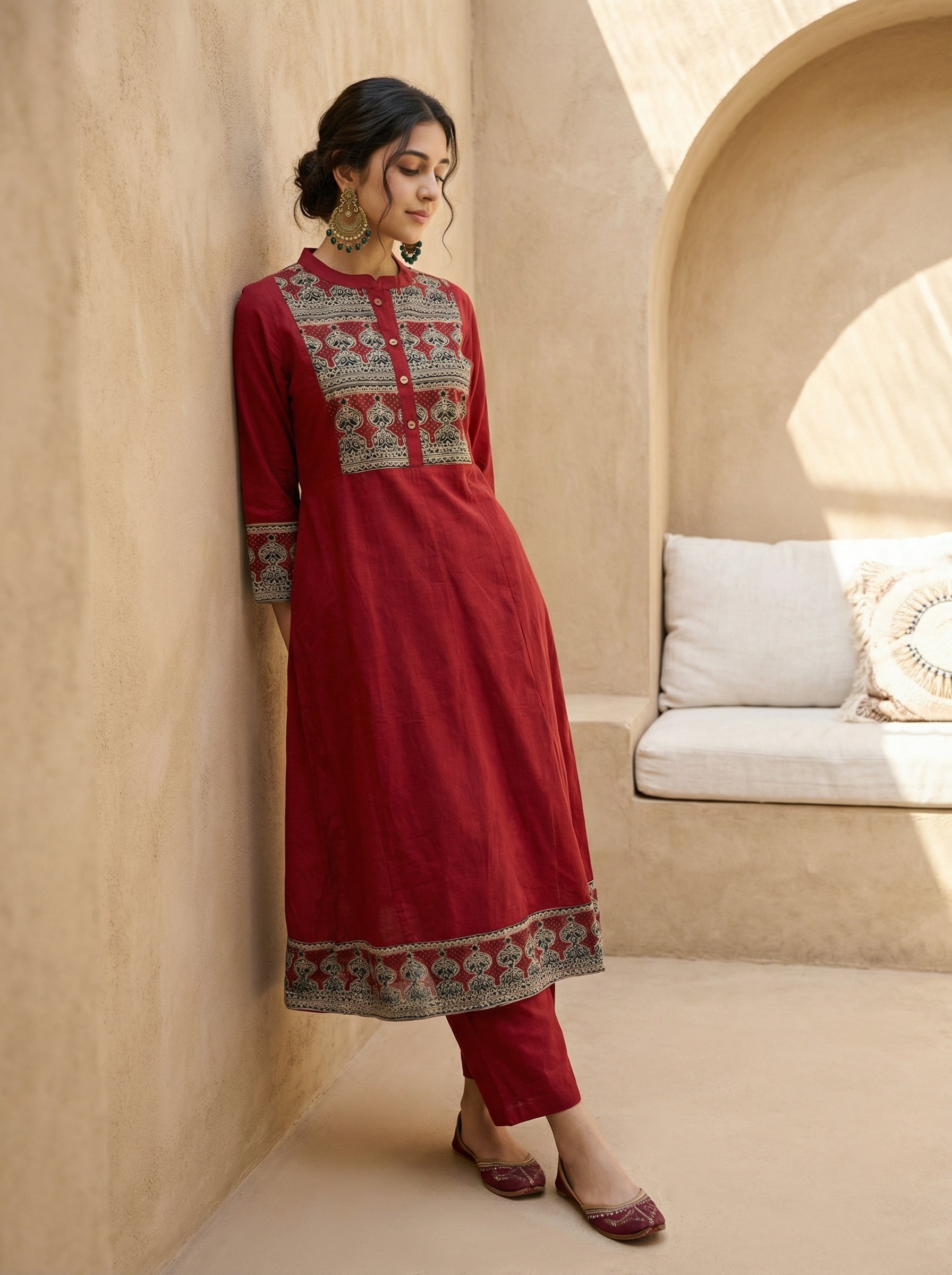 Elegant Brick Red Cotton KPD Set