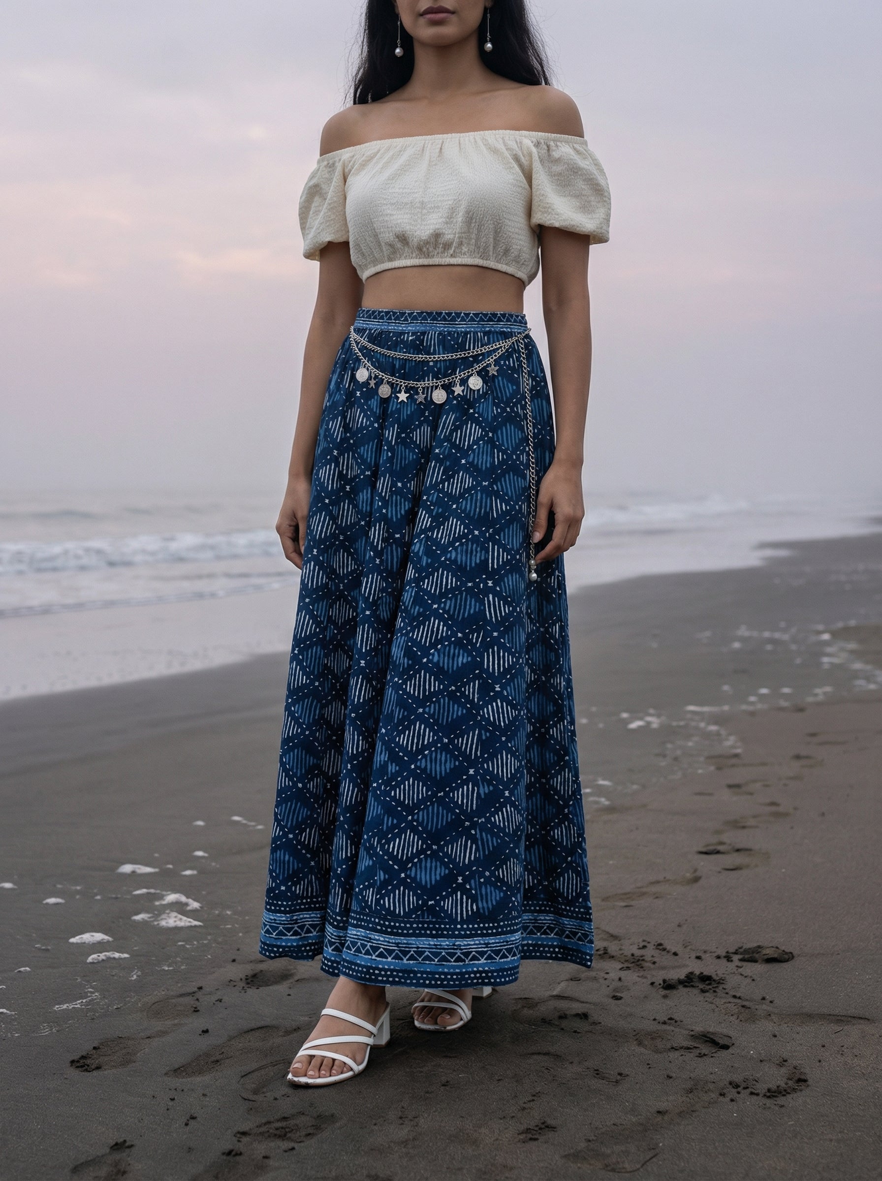 Handprinted Cotton Maxi Indigo Skirt