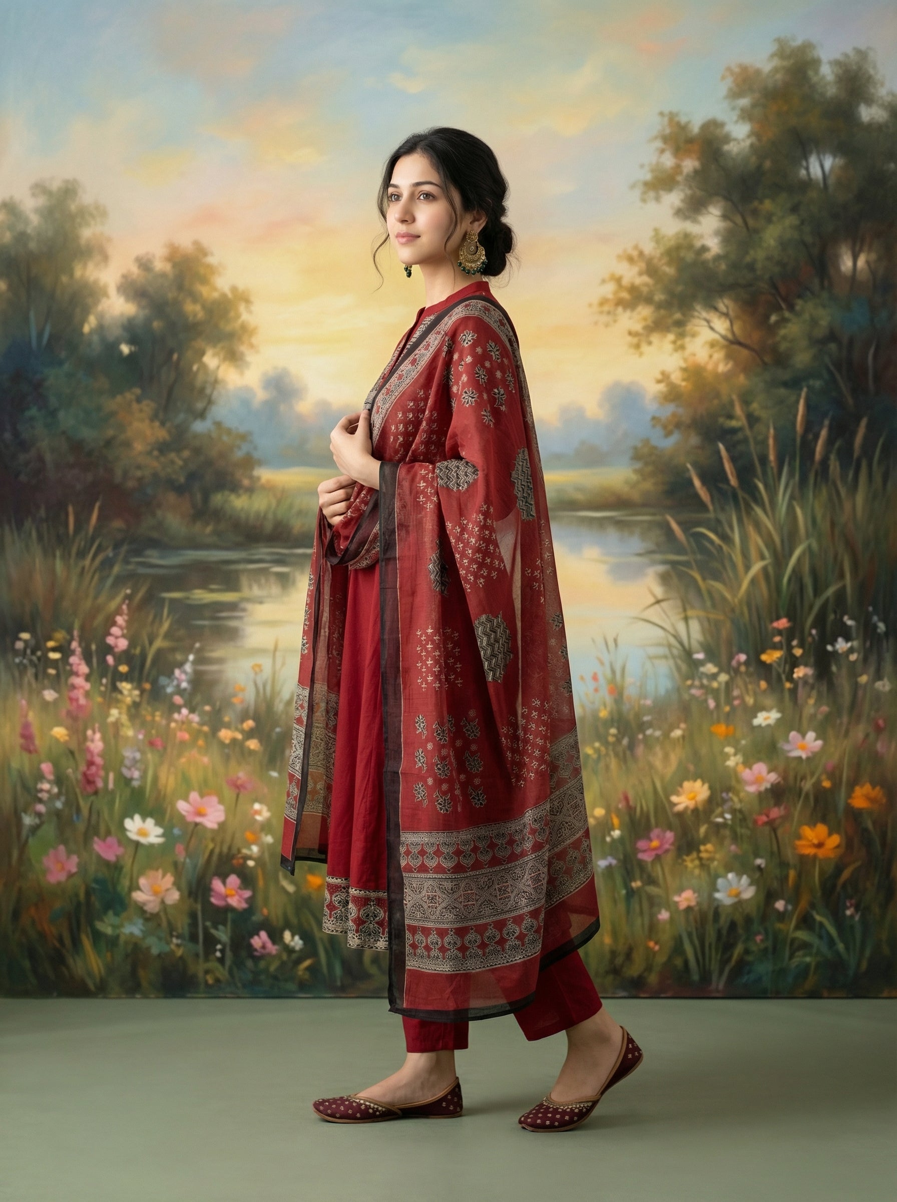 Elegant Brick Red Cotton KPD Set