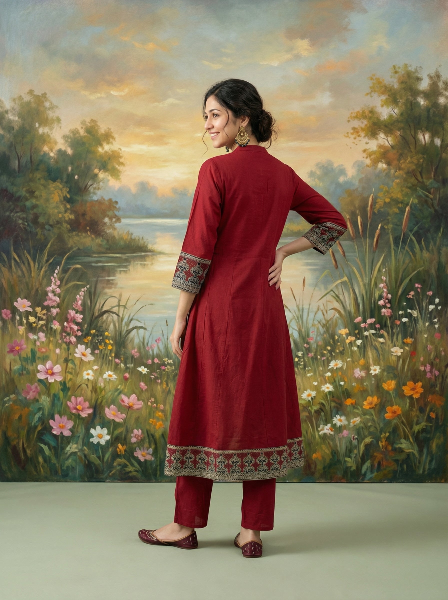 Elegant Brick Red Cotton KPD Set