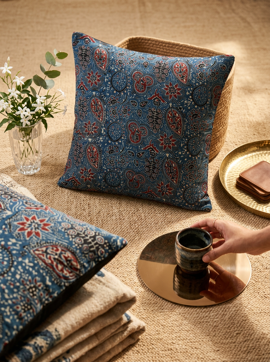 Ajrakh Modal Floral Kairi Dance Blue Cushion Cover