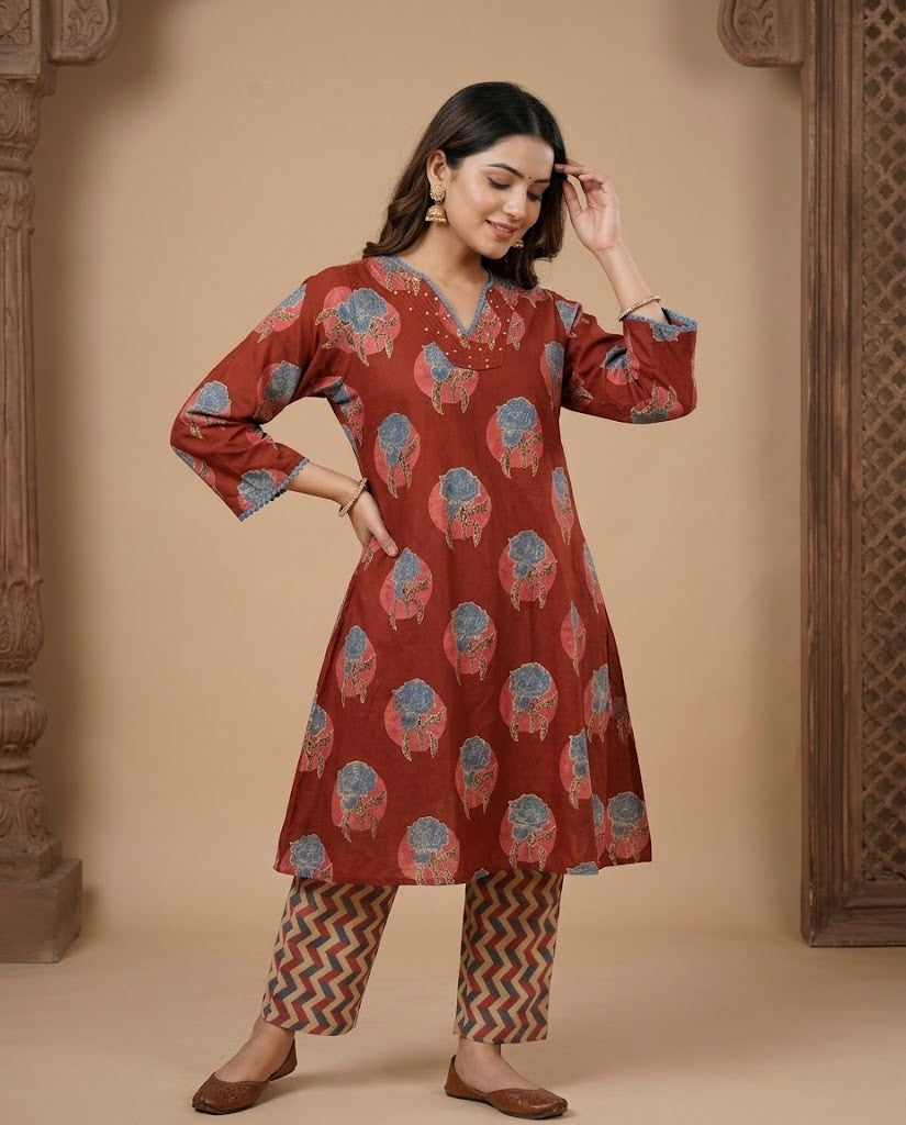 RUST RED FLORAL DESIGN PREMIUM COTTON KURTA PANT SET