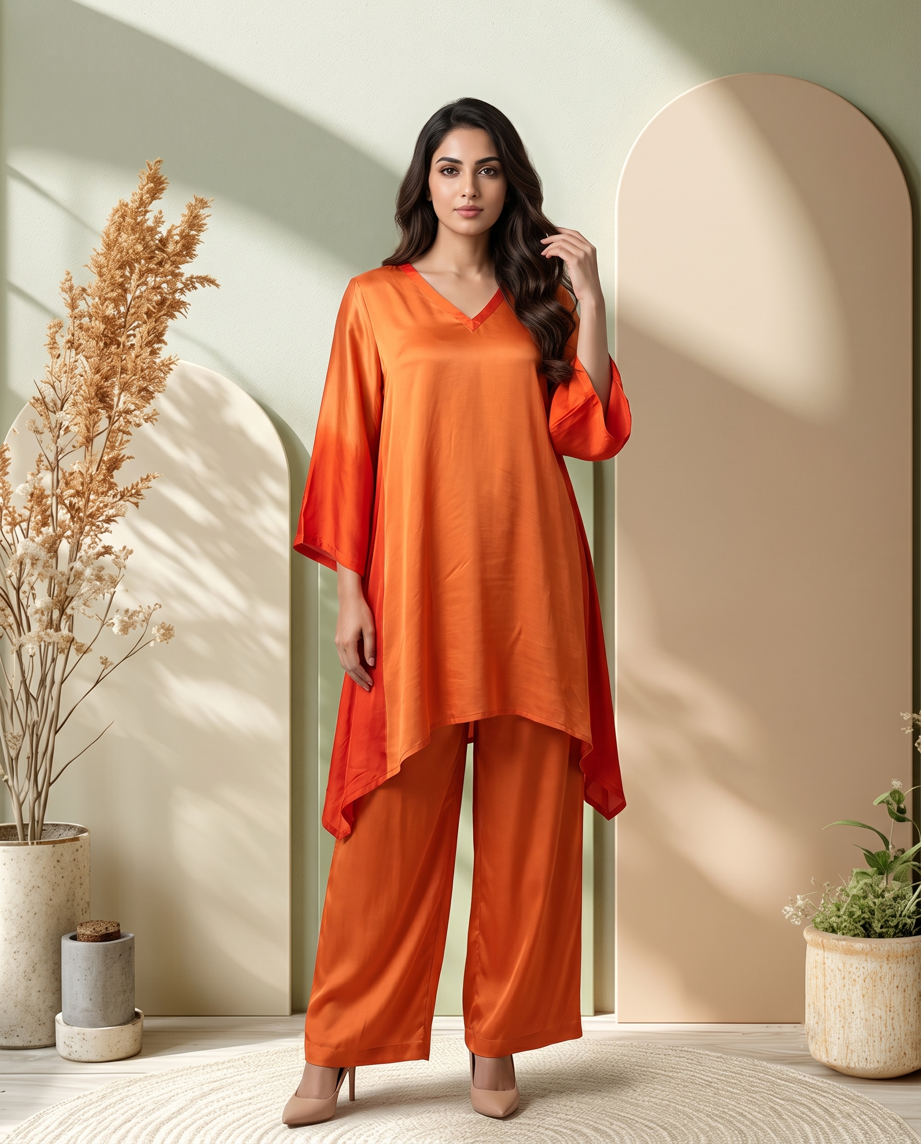 ORANGE OMBRE LUXE MODAL SILK SHORT KURTA