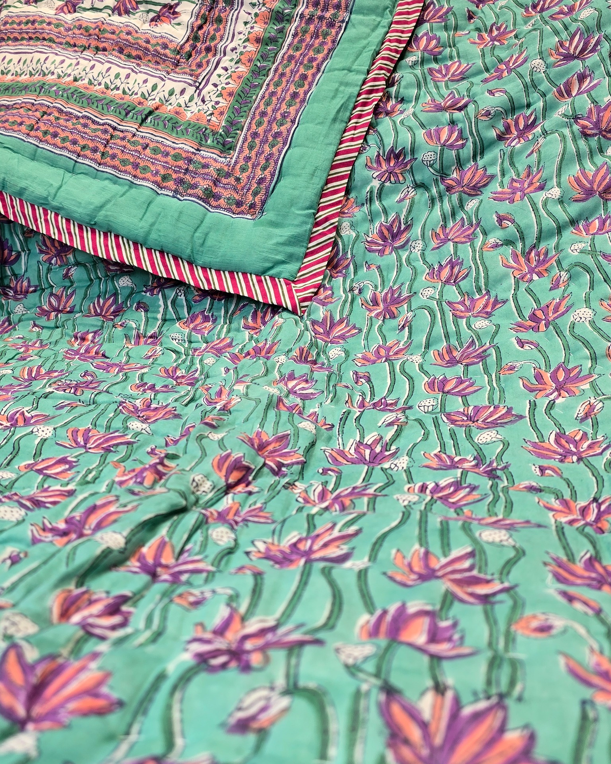 PADMA BLOOM AQUA GREEN HAND BLOCK REVERSIBLE QUILT