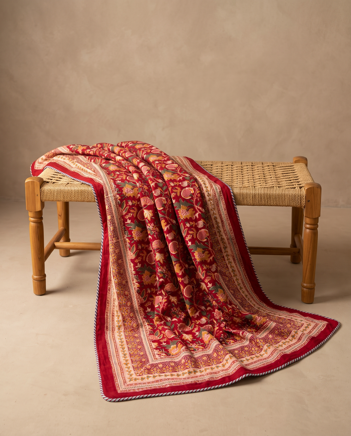 Crimson Floral Heritage Handblock Reversible Dohar