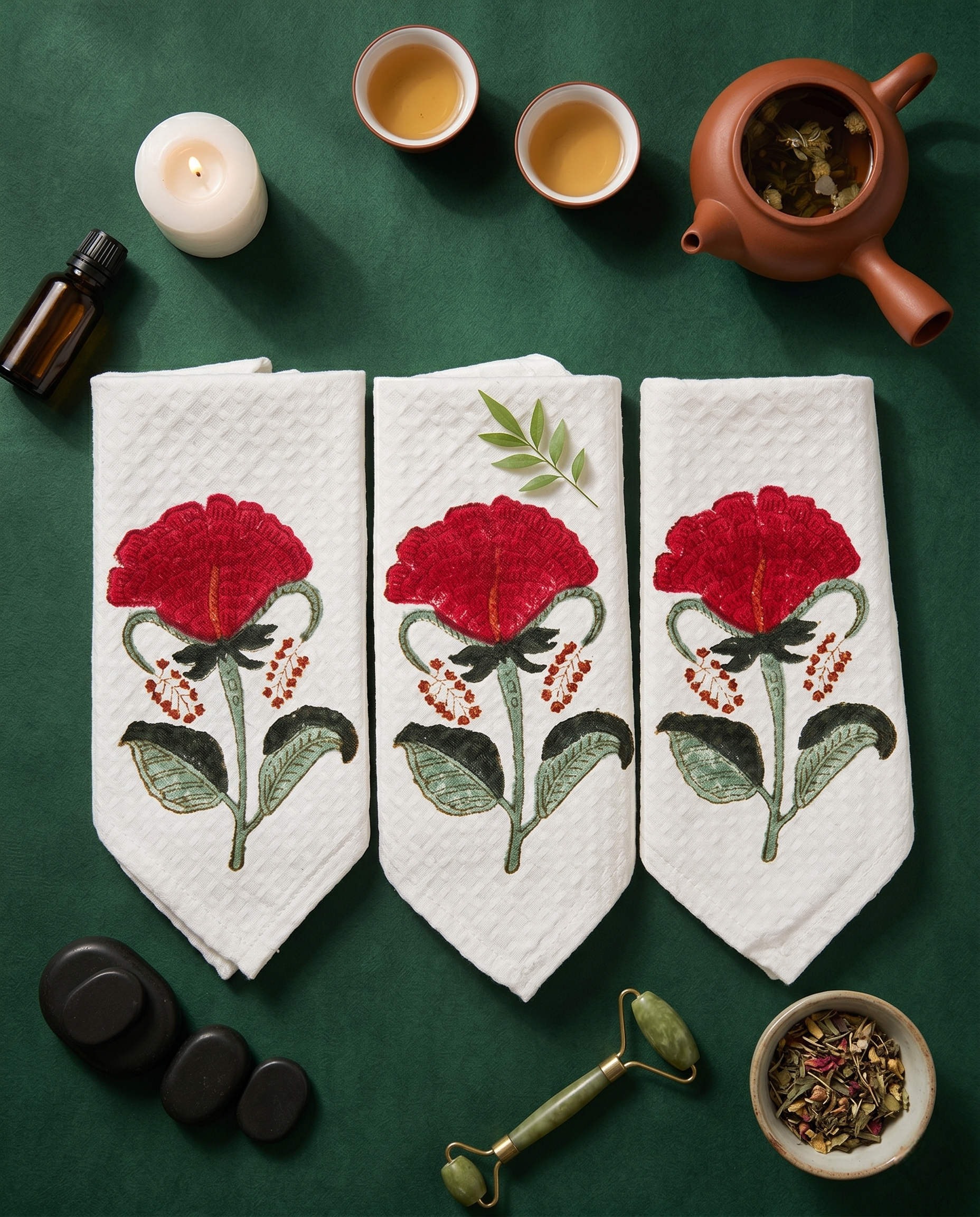 RED FLOWER MOTIF FACE TOWEL (HANDBLOCK)