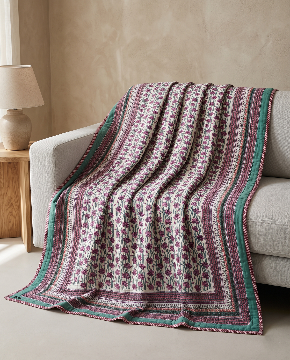PADMA BLOOM AQUA GREEN HAND BLOCK REVERSIBLE QUILT