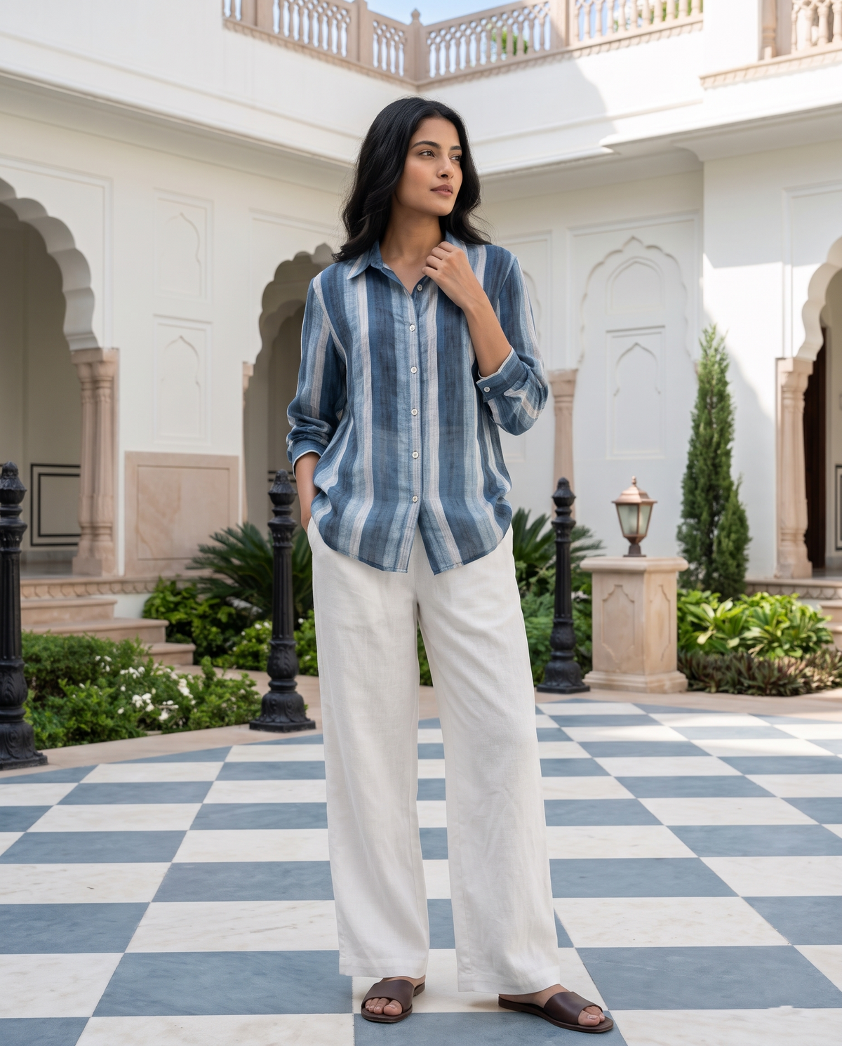 Bamboo Silk 150 GM Denim Blue Vertical Stripe Shirt