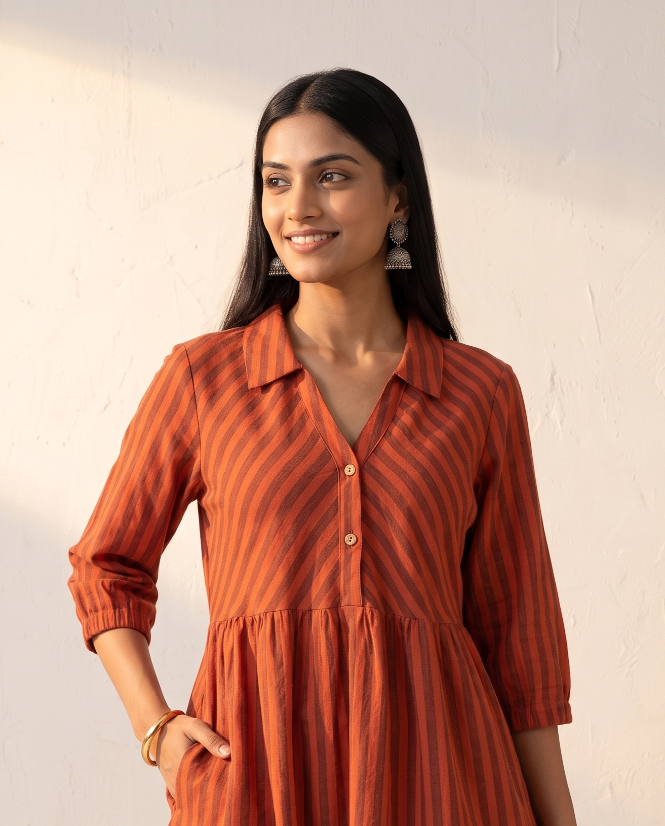 PREMIUM COTTON LINEN RUST ORANGE CASUAL DRESS
