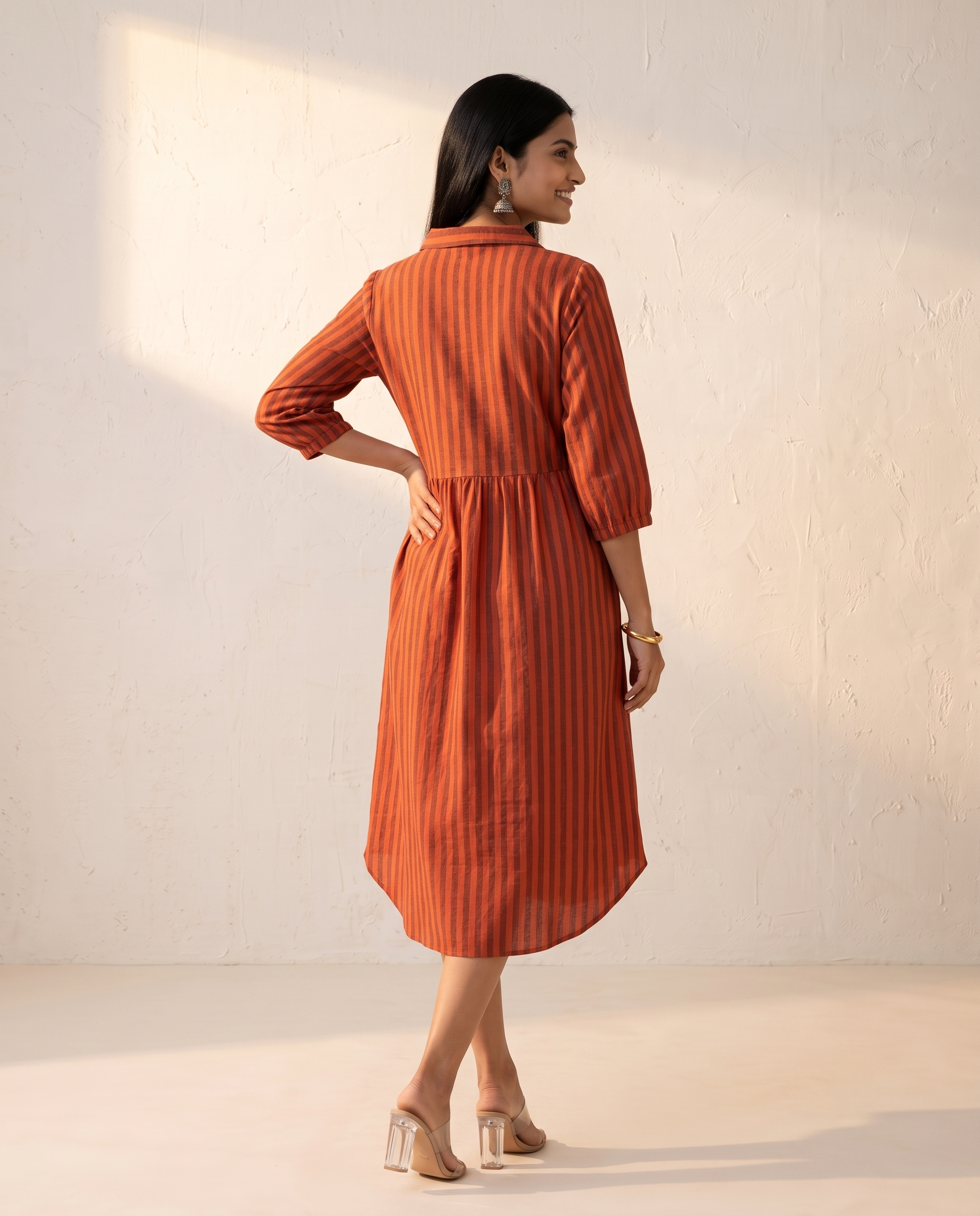 PREMIUM COTTON LINEN RUST ORANGE CASUAL DRESS