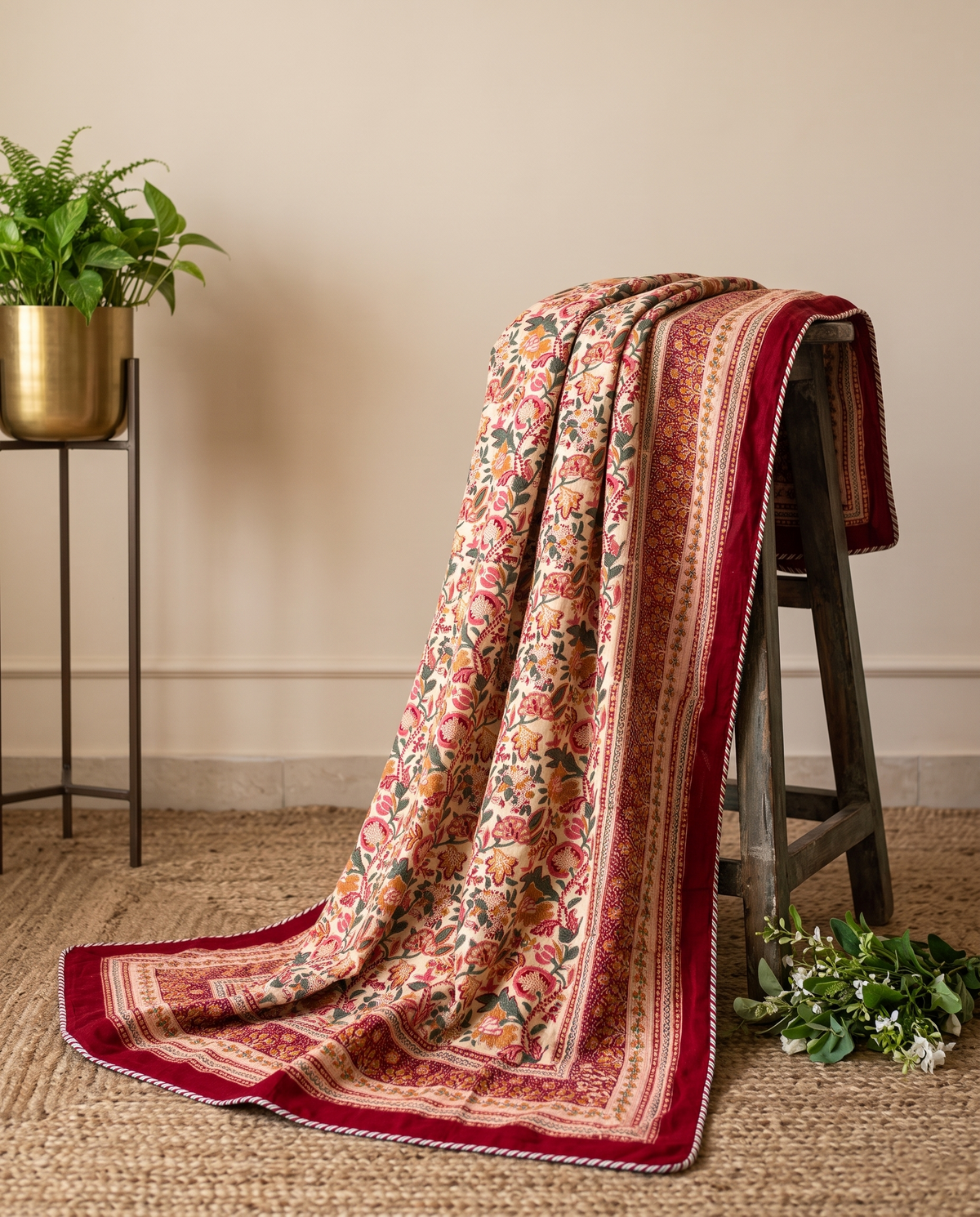 Crimson Floral Heritage Handblock Reversible Dohar