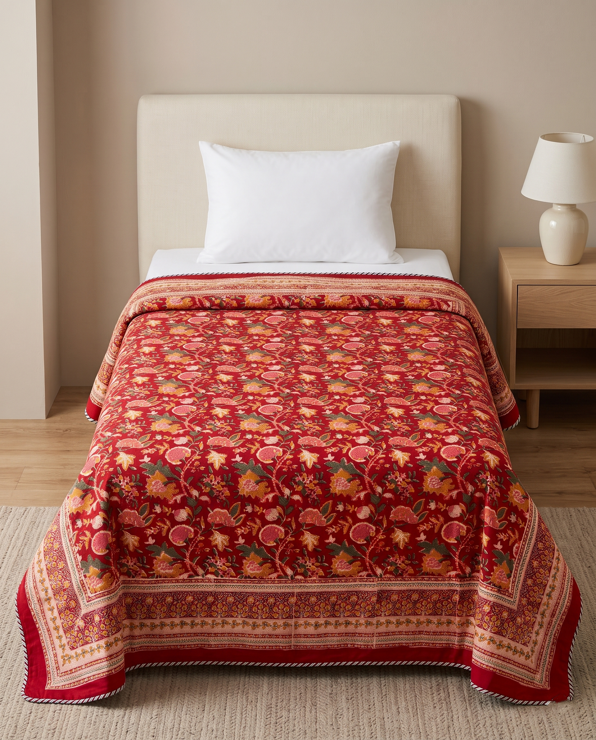 Crimson Floral Heritage Handblock Reversible Dohar