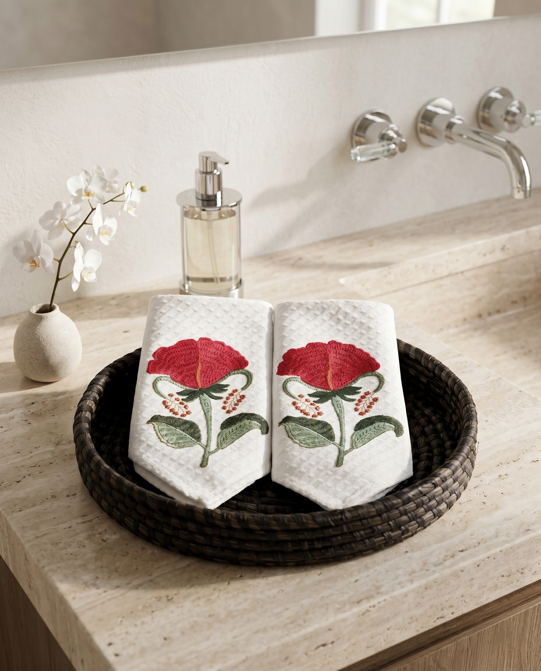 RED FLOWER MOTIF FACE TOWEL (HANDBLOCK)