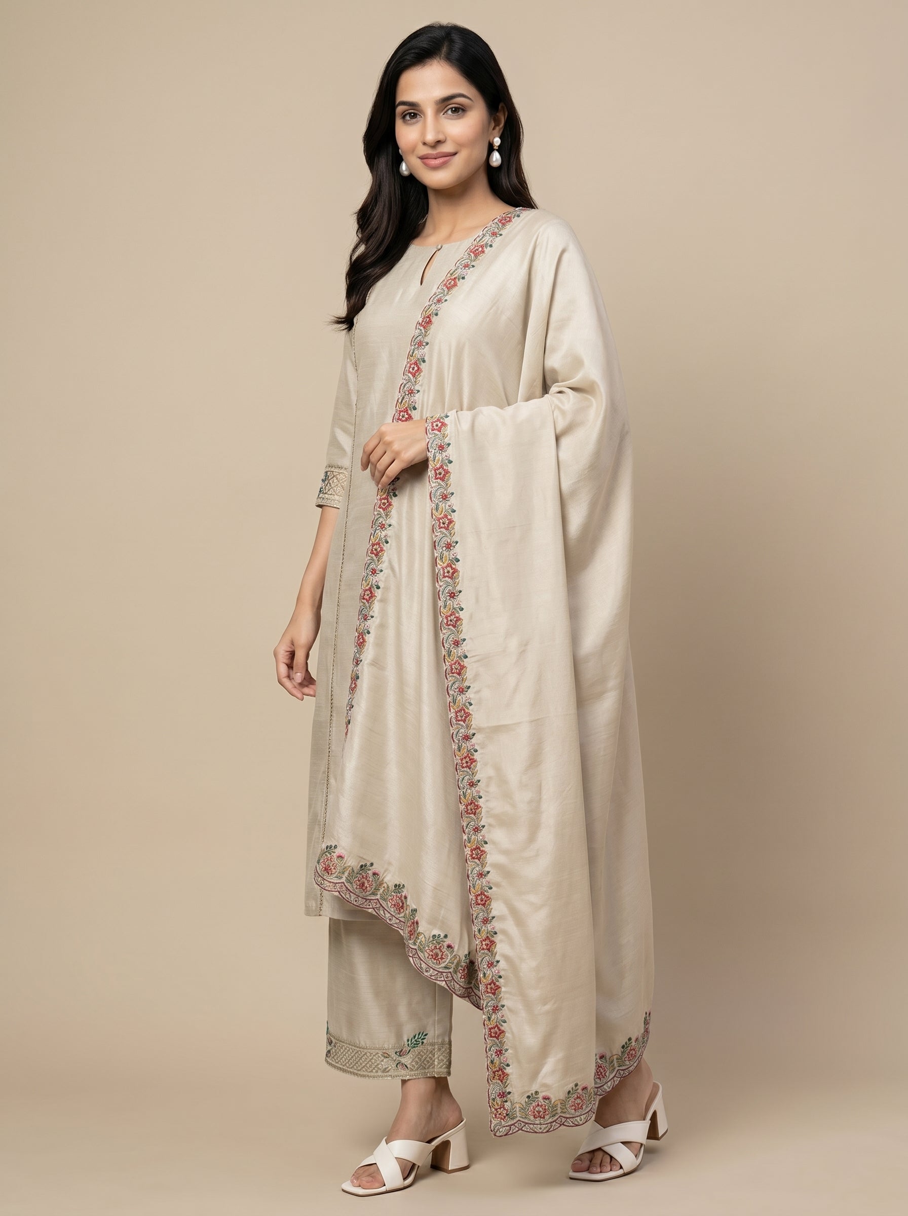 Tissue Silk Dupatta with Hand-Embroidered Floral Vine
